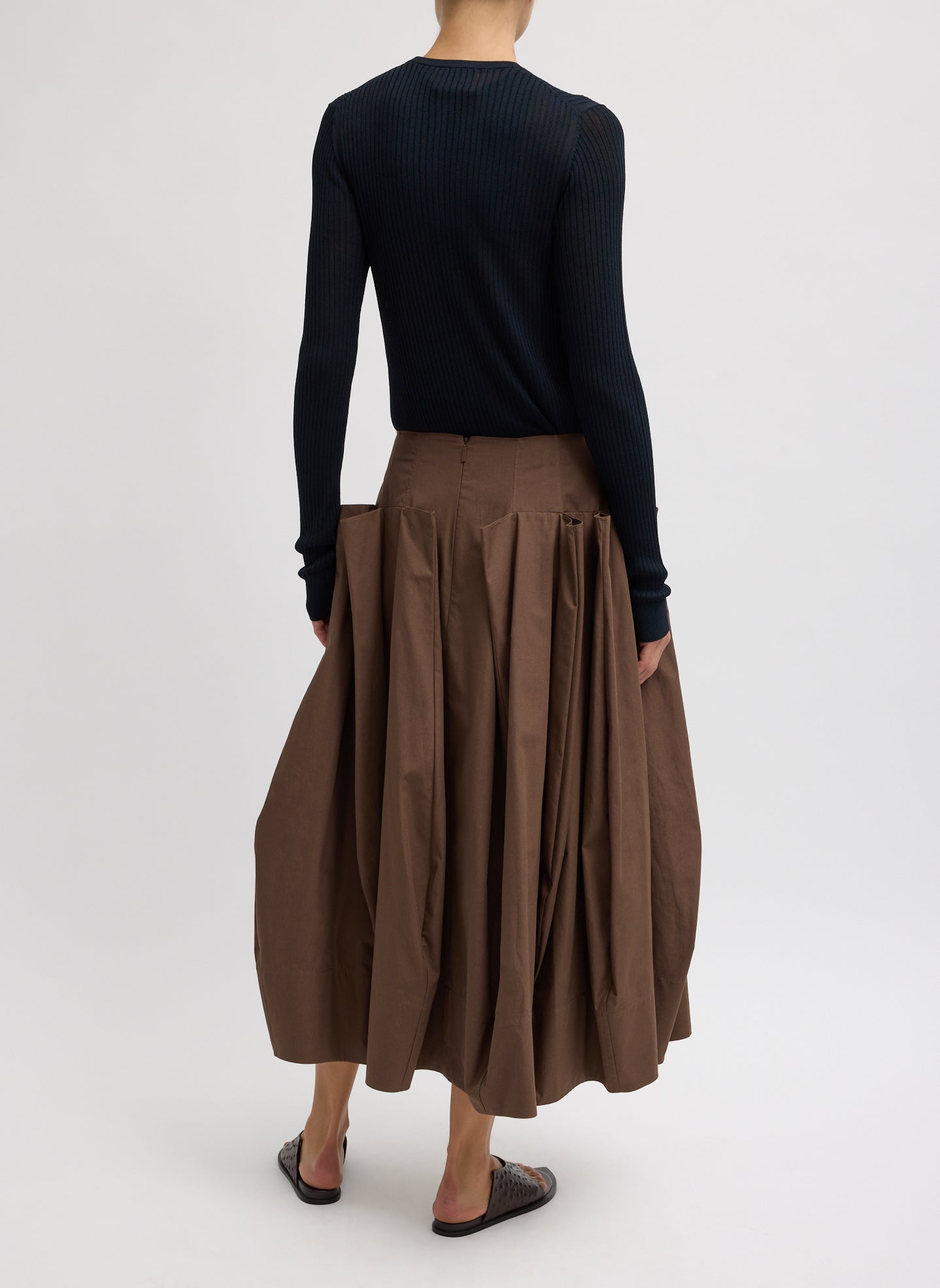 Sepia Brown Compact Eco Poplin Pinched Pleat Full Skirt - back view on model