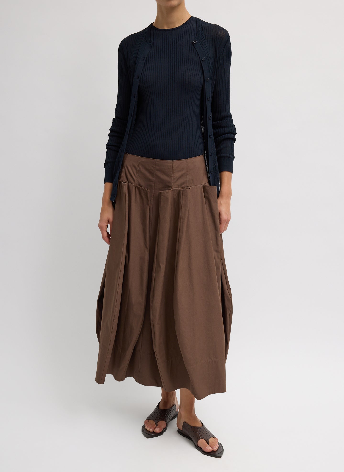 Sepia Brown Compact Eco Poplin Pinched Pleat Full Skirt - full look front view on model
