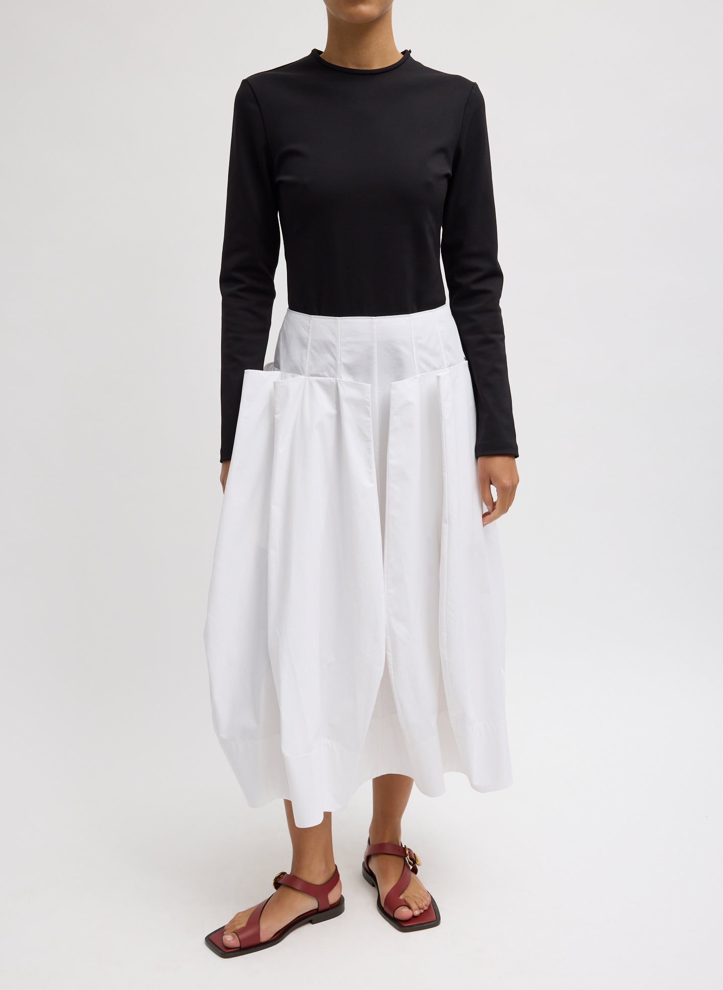 White Compact Eco Poplin Pinched Pleat Full Skirt - front view on model