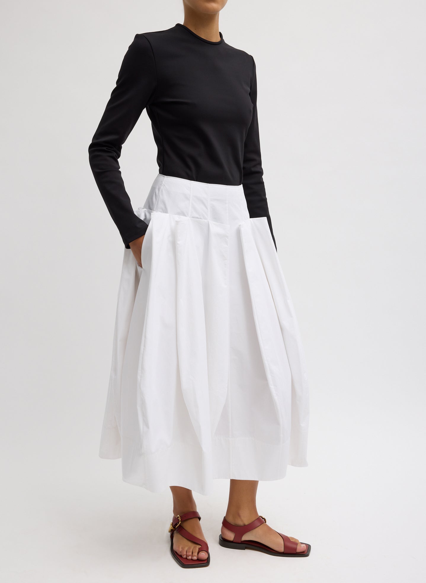 White Compact Eco Poplin Pinched Pleat Full Skirt - side view on model