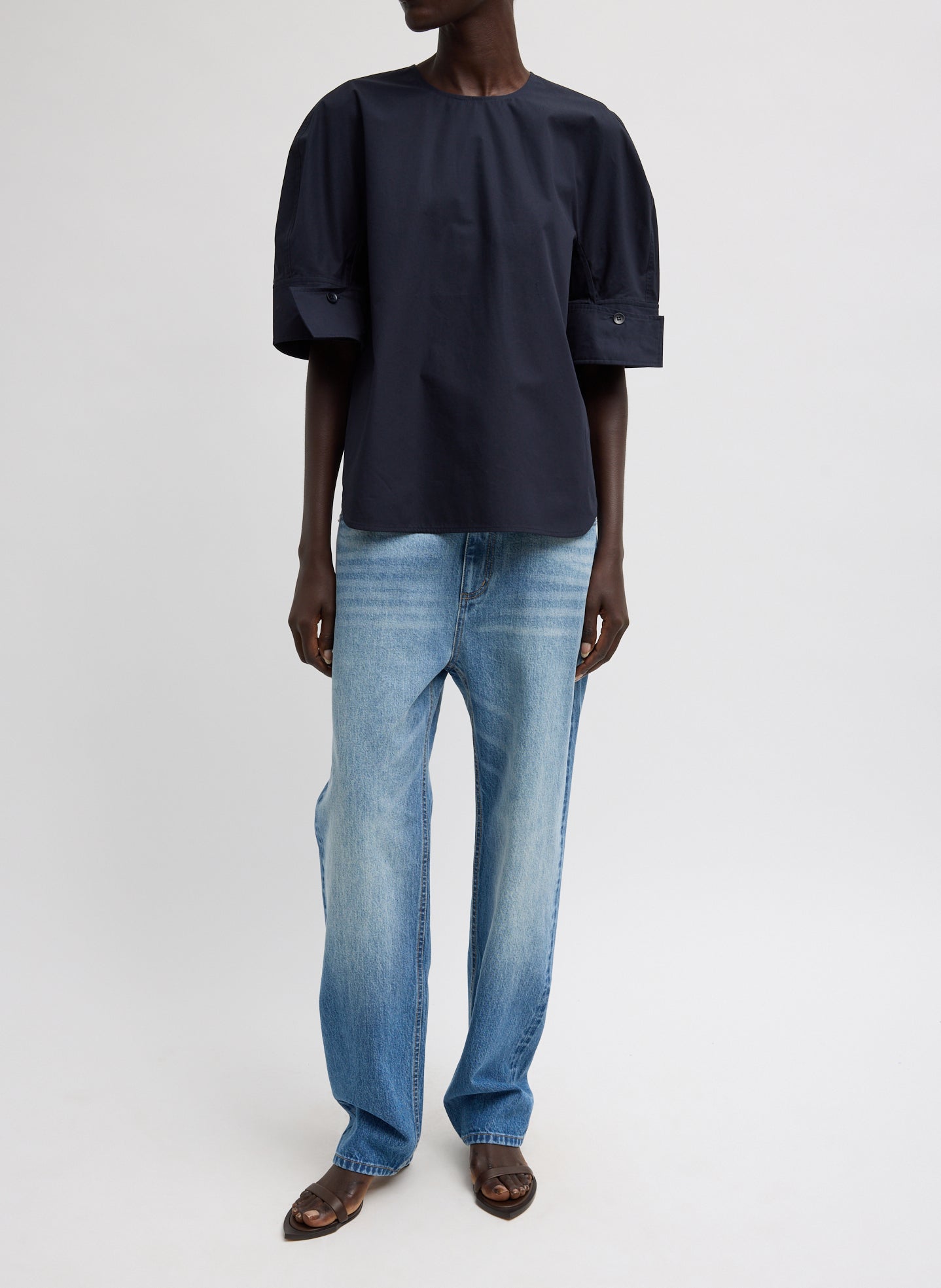 Navy Compact Eco Poplin Reverse Sleeve Top - full look, front view on model