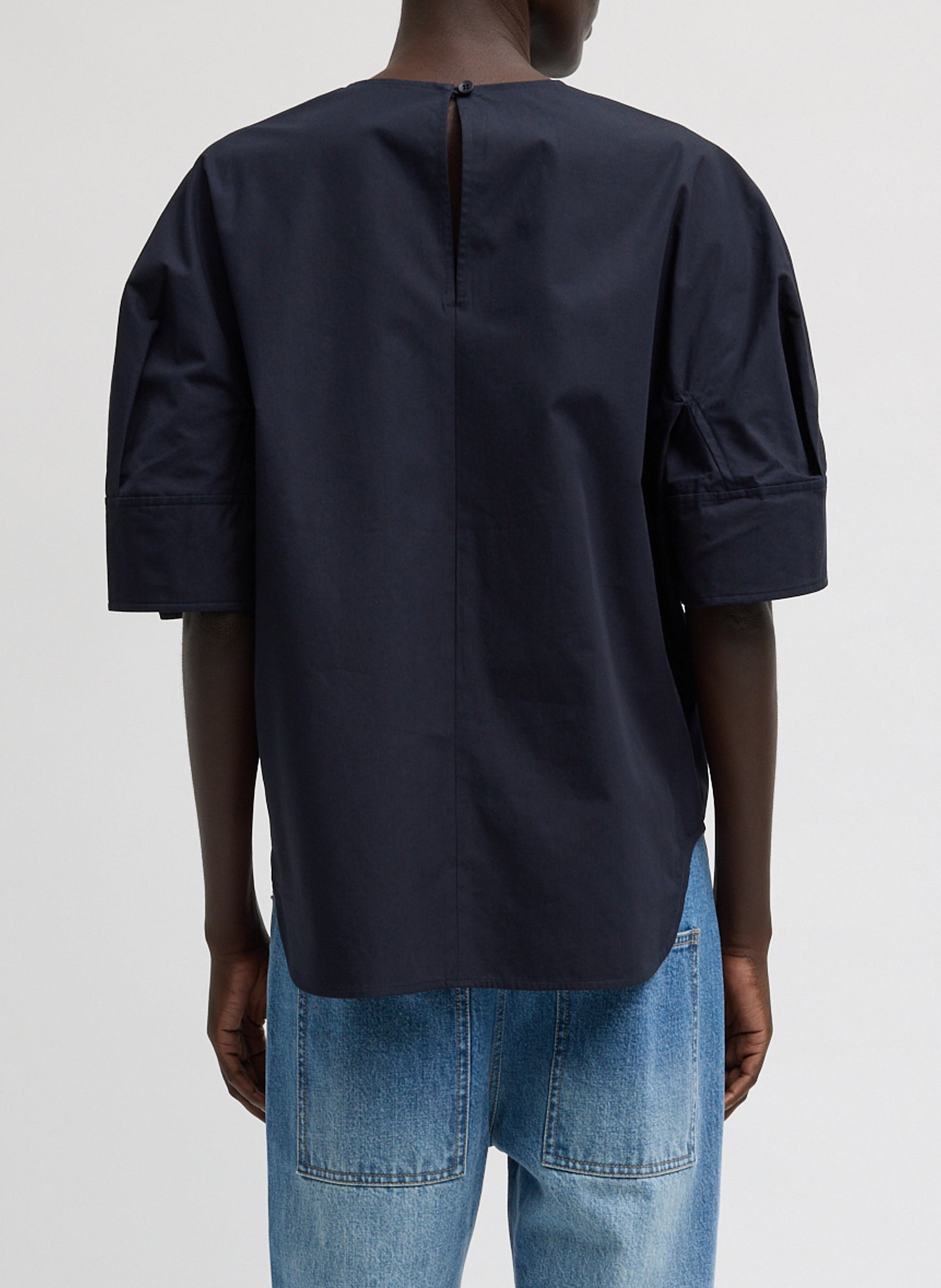 Navy Compact Eco Poplin Reverse Sleeve Top - puff sleeve top, back view on model