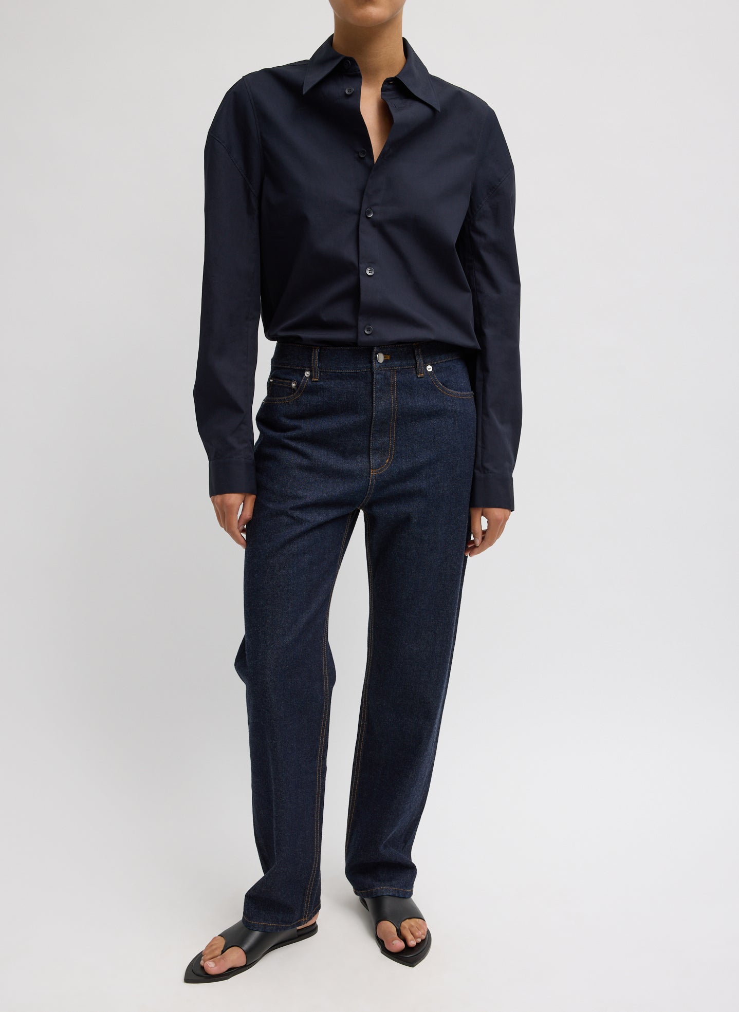 Navy Compact Eco Poplin Hinged Shirt - full look, front view on model