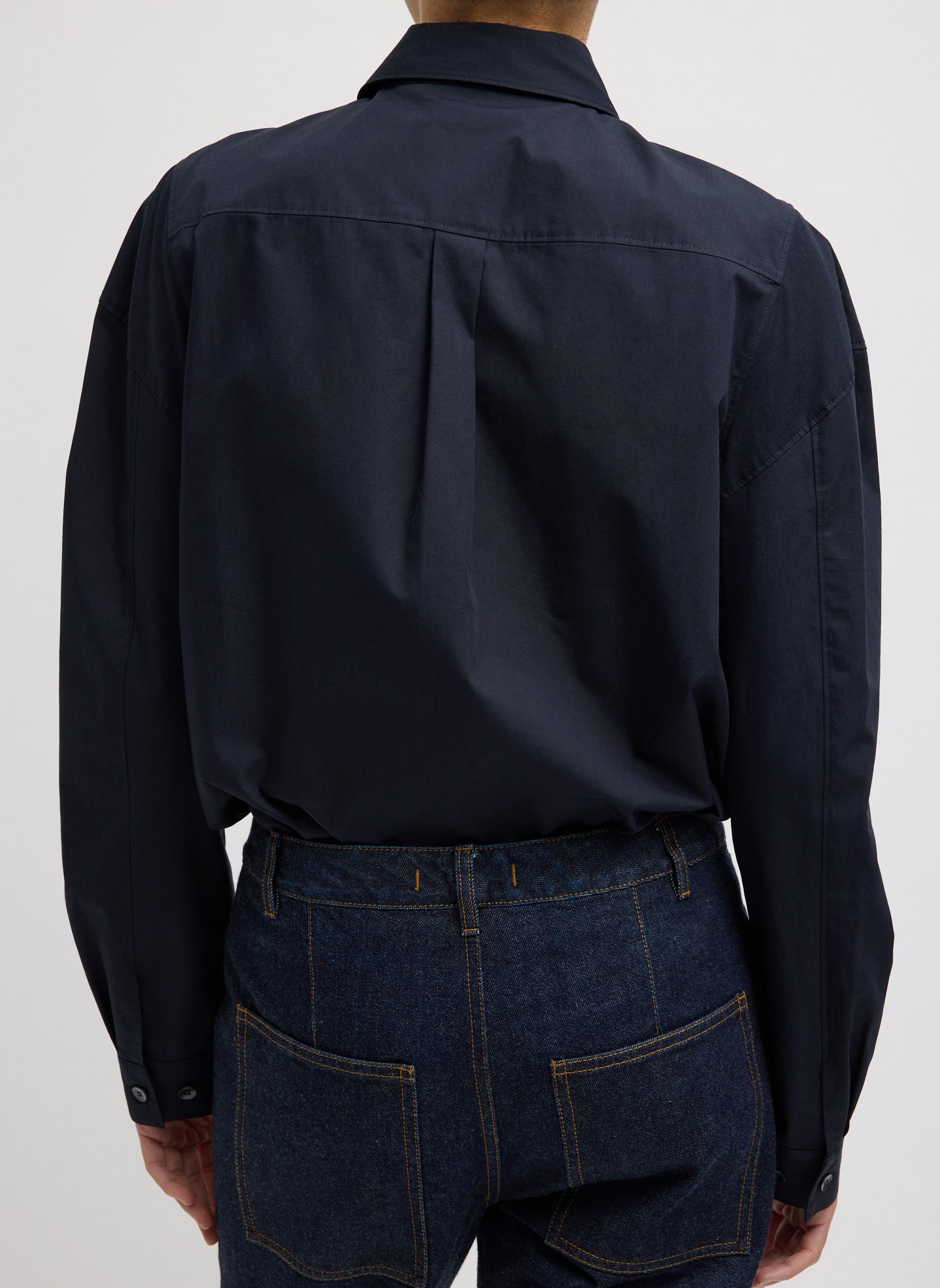 Navy Compact Eco Poplin Hinged Shirt - long sleeve button down, back view on model
