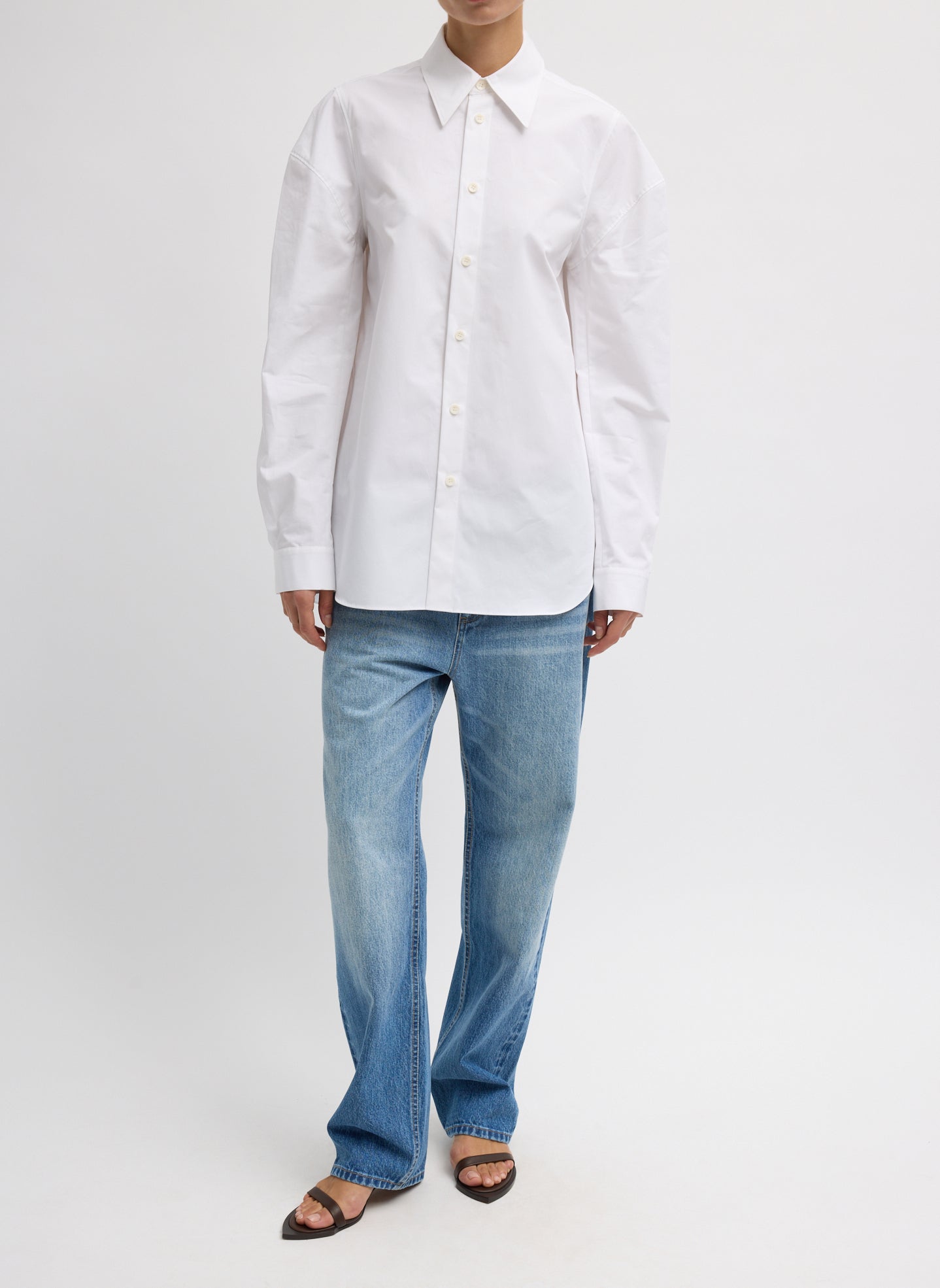 White Compact Eco Poplin Hinged Shirt - full look, front view on model