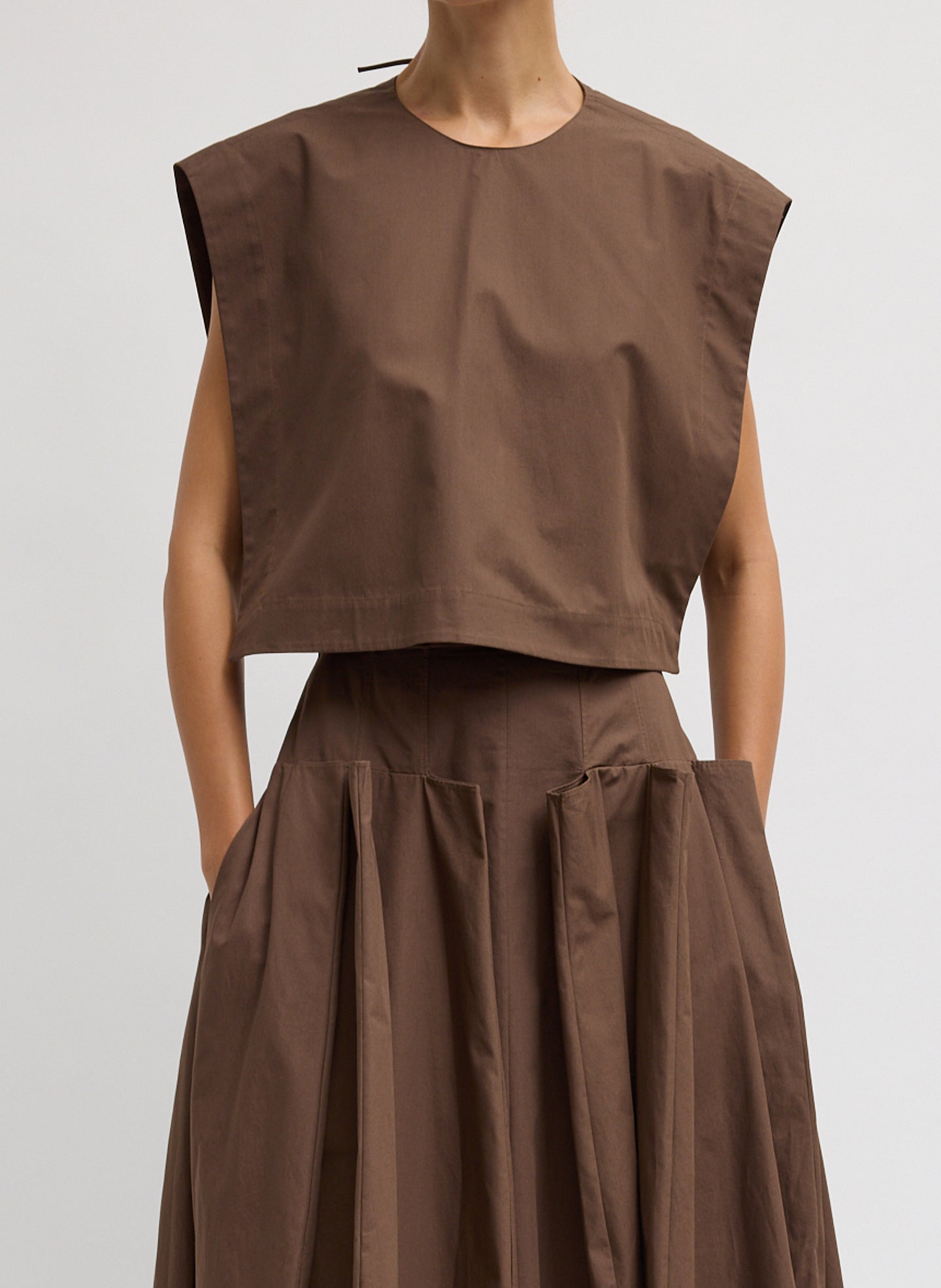 Sepia Brown Compact Eco Poplin Cropped Square Top - front view on model