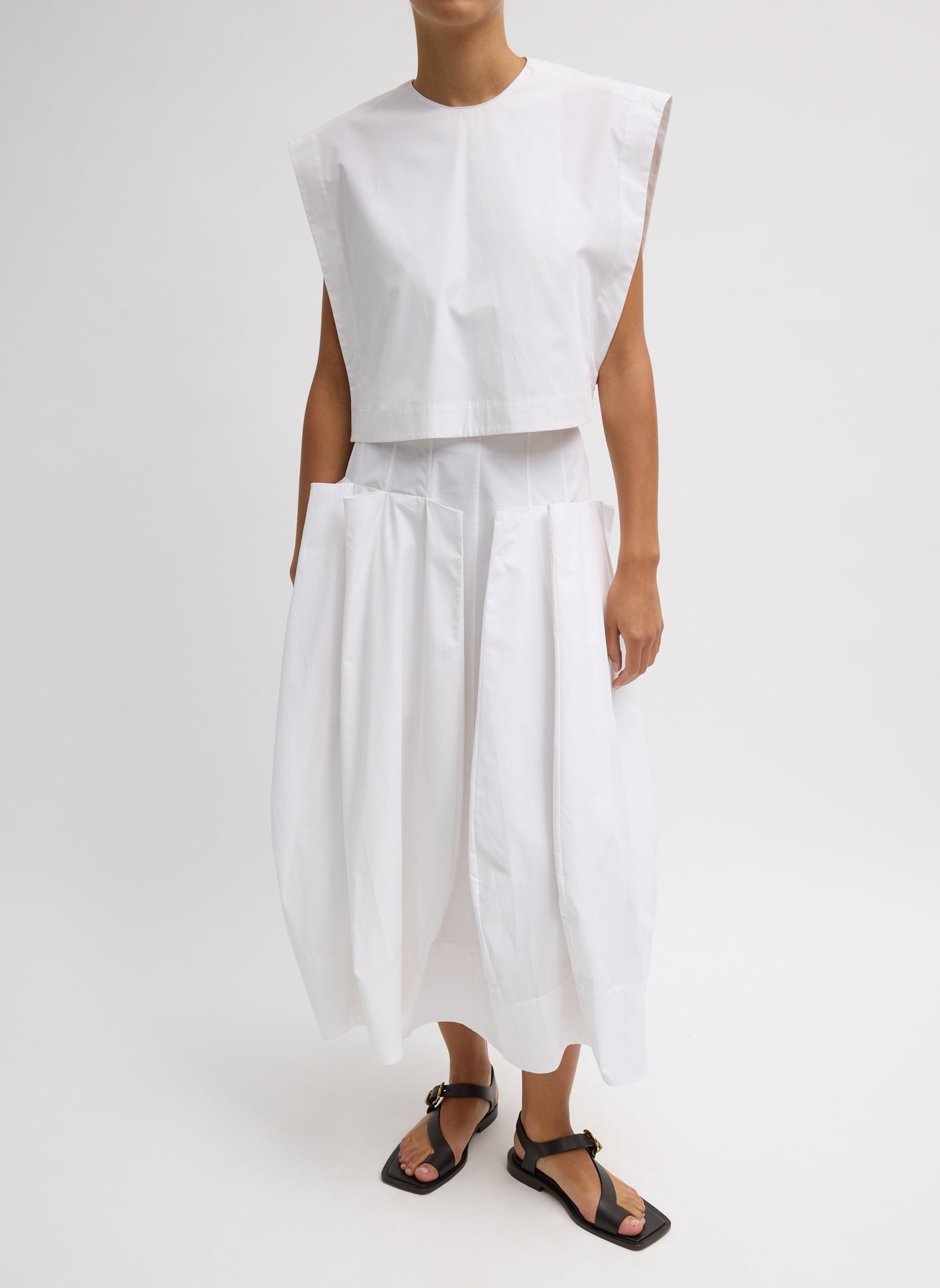 White Compact Eco Poplin Cropped Square Top - full look, front view on model
