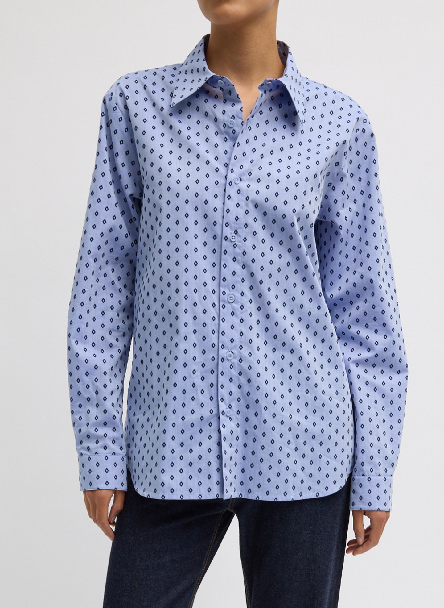 Blue Flocked Oxford Classic Men's Shirt - printed button down, front view on model