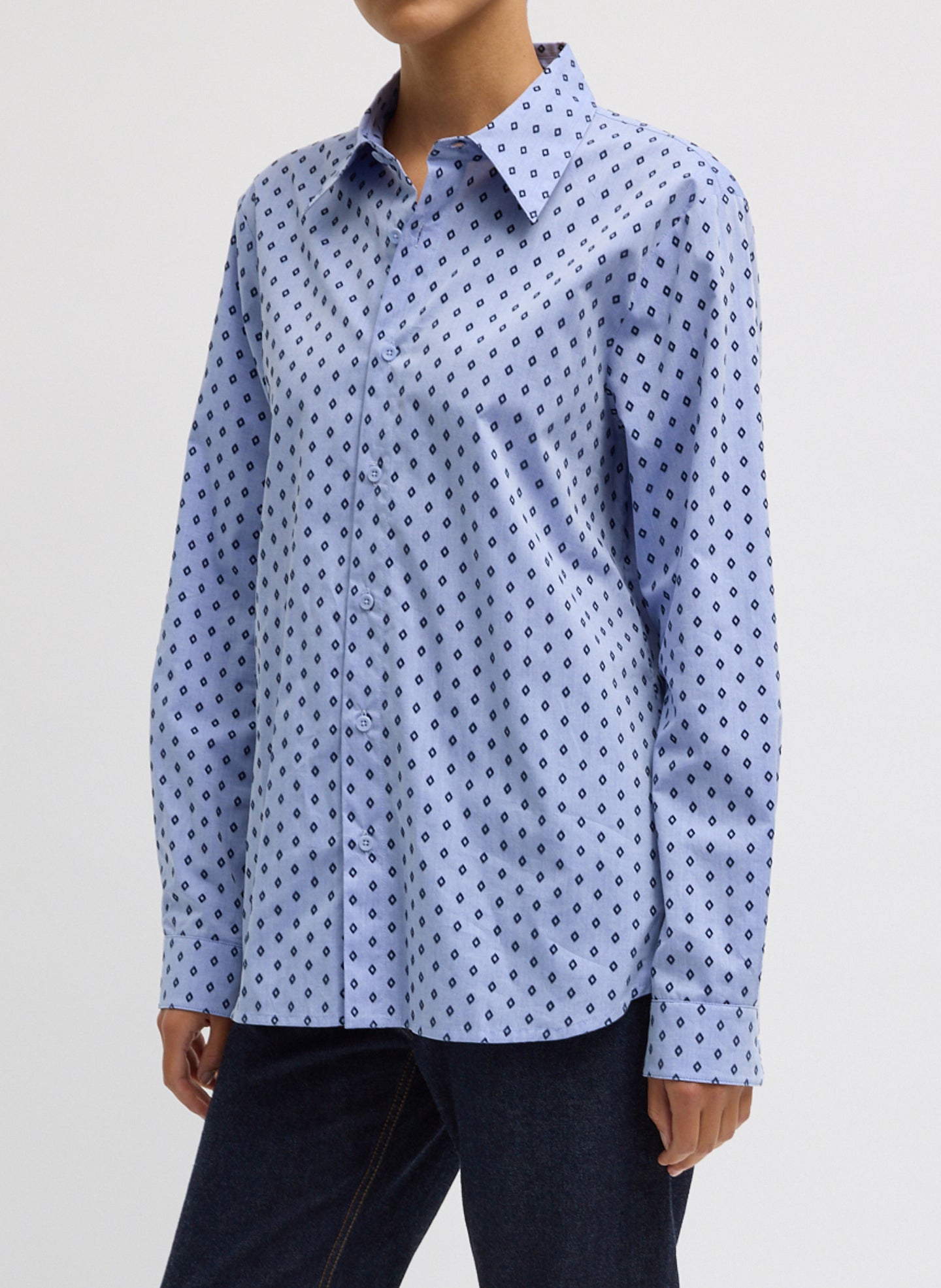 Blue Flocked Oxford Classic Men's Shirt - printed button down, front view on model