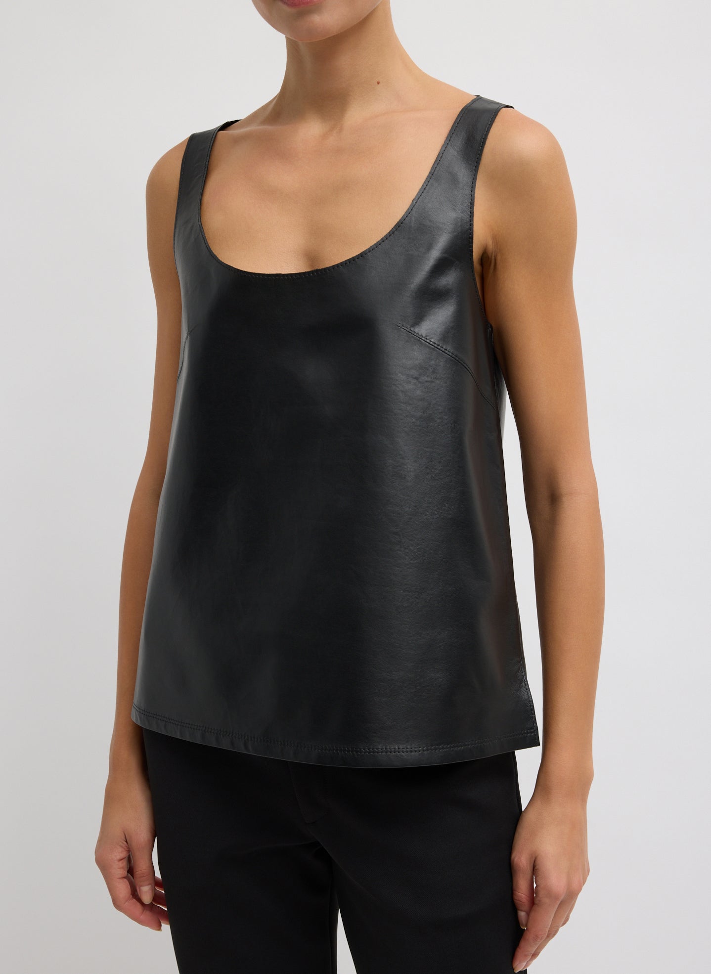 Black Lightweight Leather Tank Top - front view on model