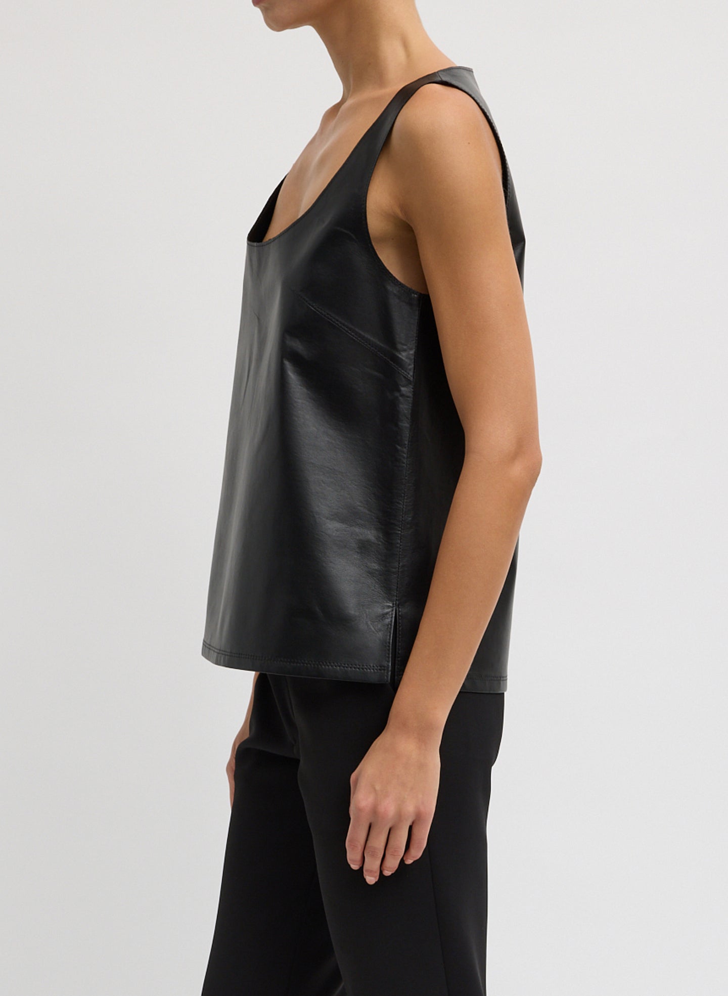 Black Lightweight Leather Tank Top - side view on model