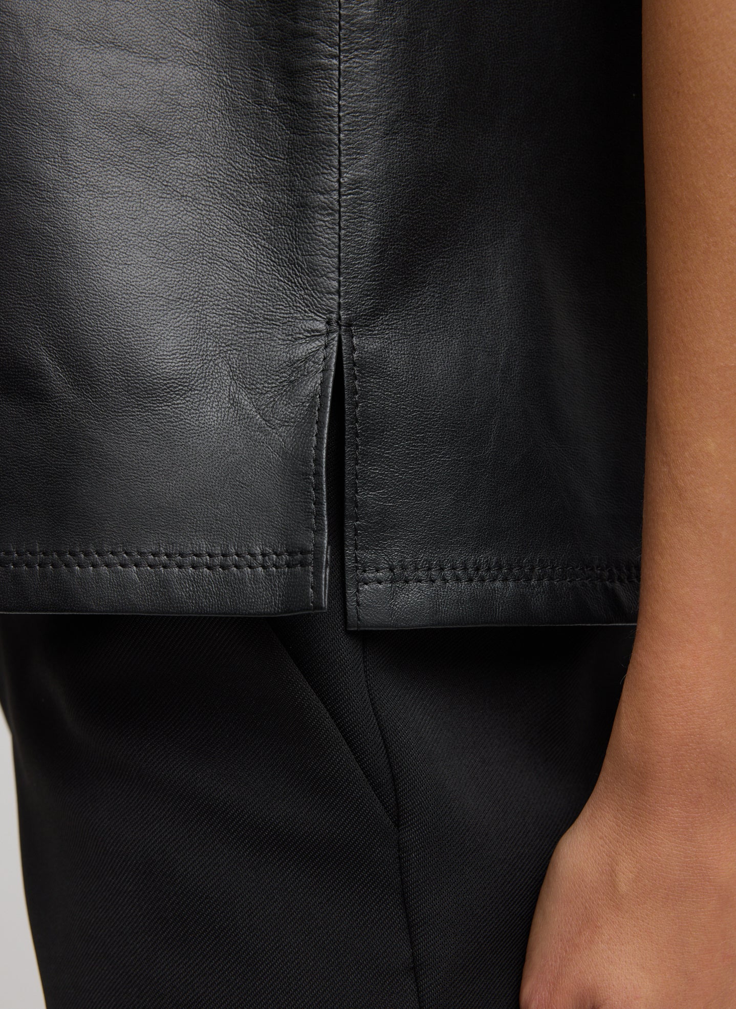 Black Lightweight Leather Tank Top - closeup of side vent