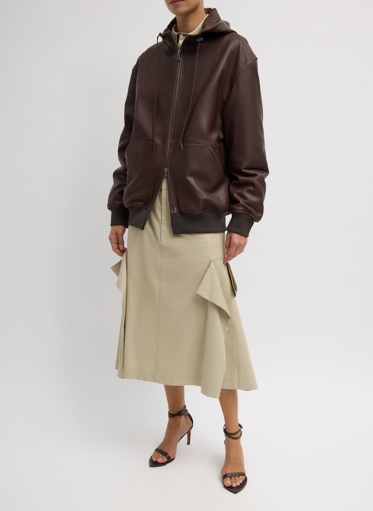 Brown Leather Zip Up Hoodie Jacket - full look, front view on model