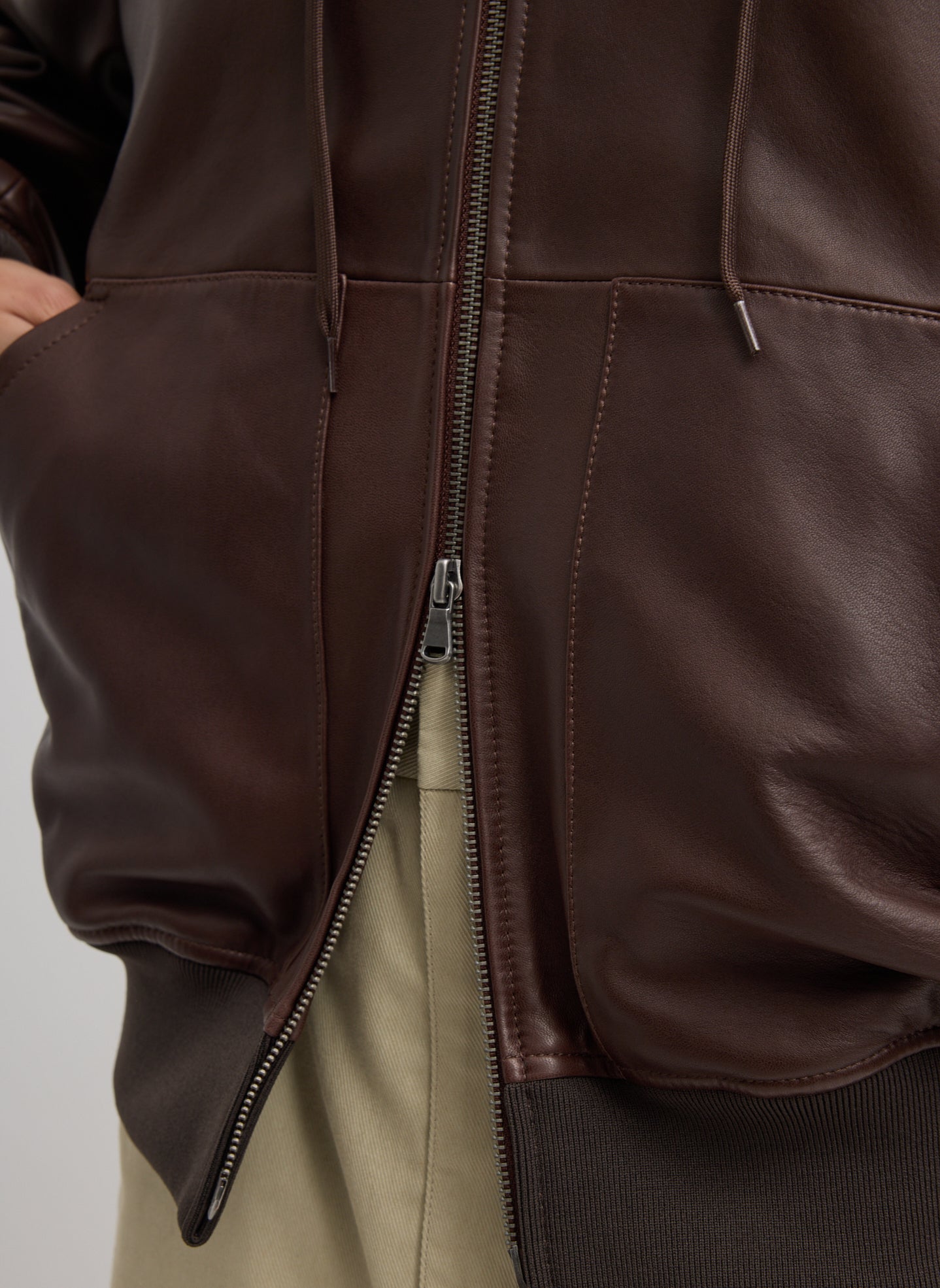 Brown Leather Zip Up Hoodie Jacket - closeup of zipper detail