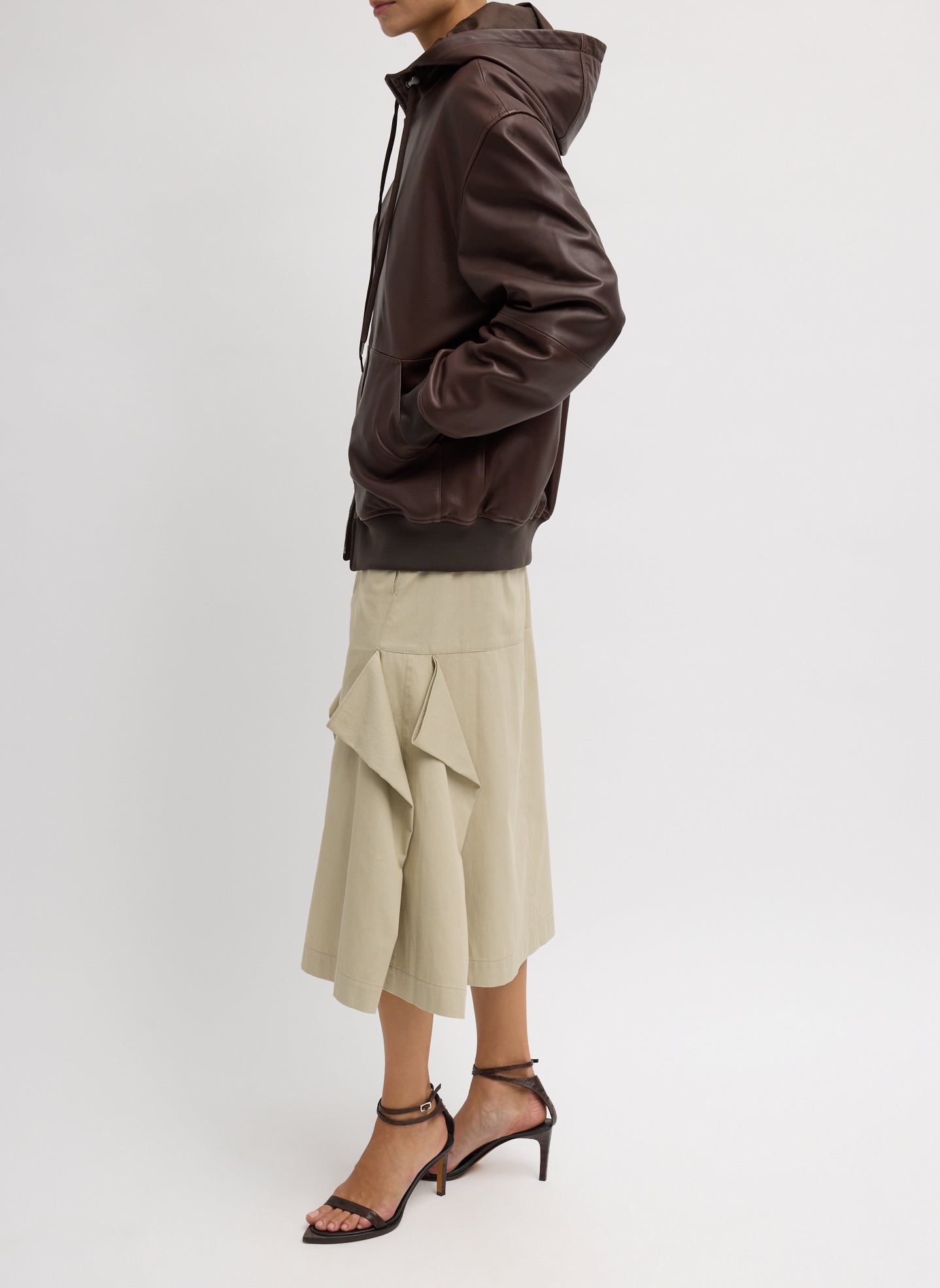 Brown Leather Zip Up Hoodie Jacket - full look, side view on model