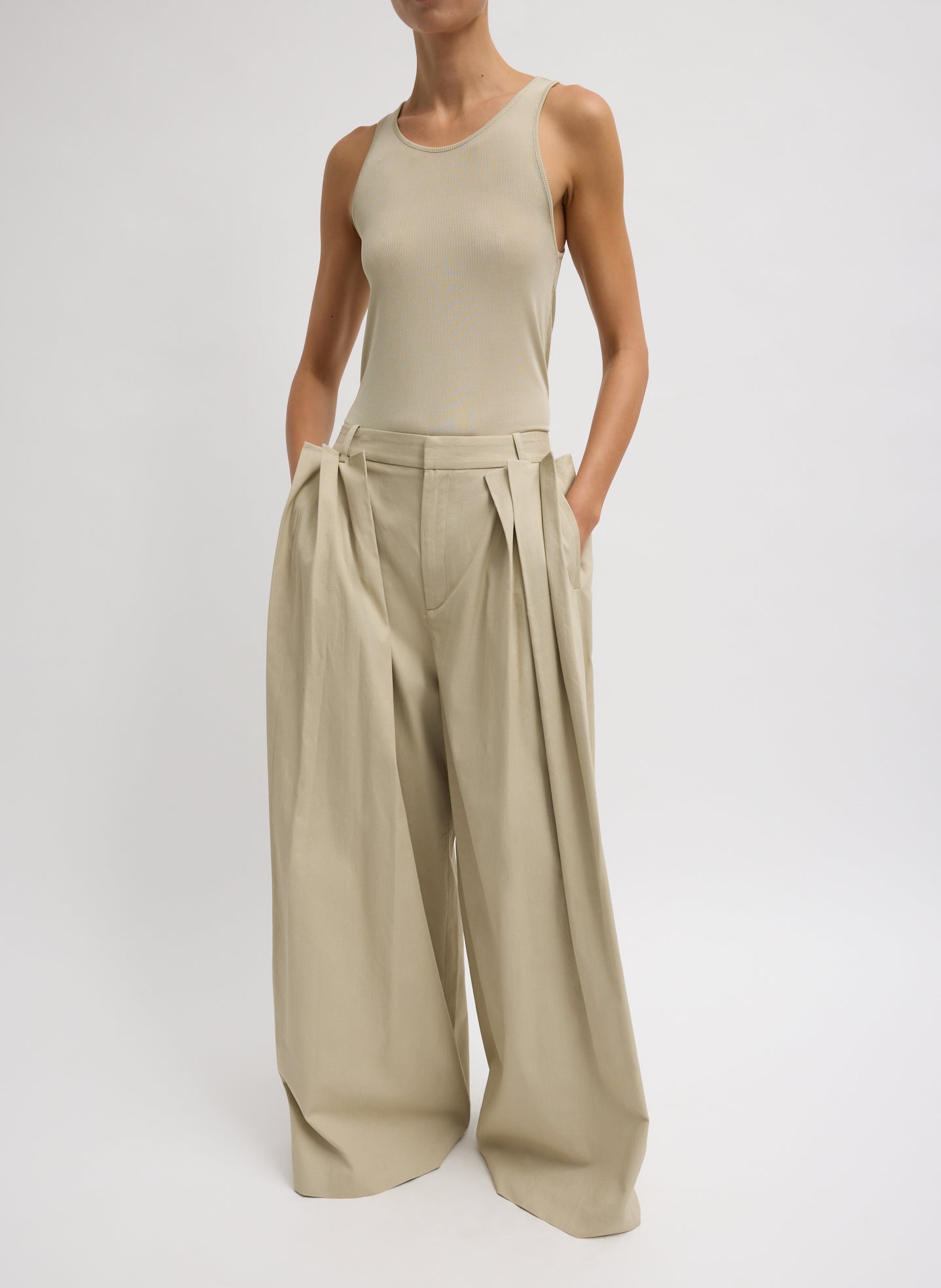 Taupe Luxe Spring Twill Tucked Pleated Wide Leg Trouser - beige, full look, front view on model