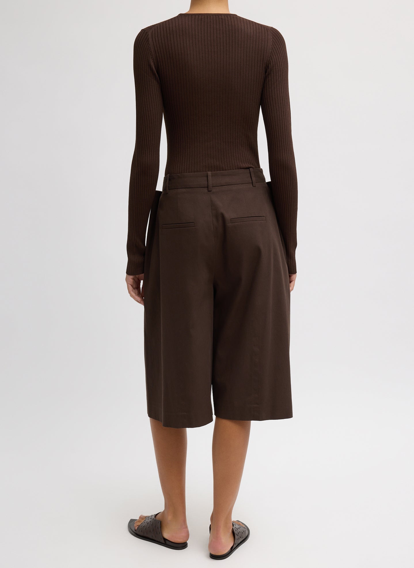 Hickory Brown Spring Twill Tucked Pleated Wide Leg Short - back view on model