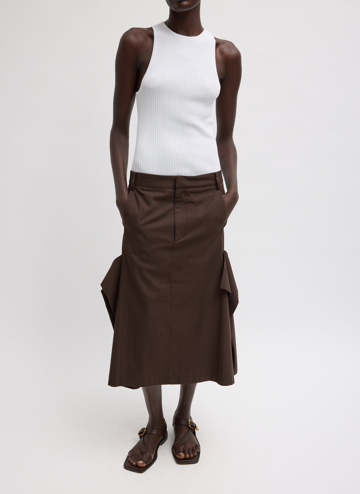 Hickory Brown Luxe Spring Twill Tucked Pleat Skirt - front view on model
