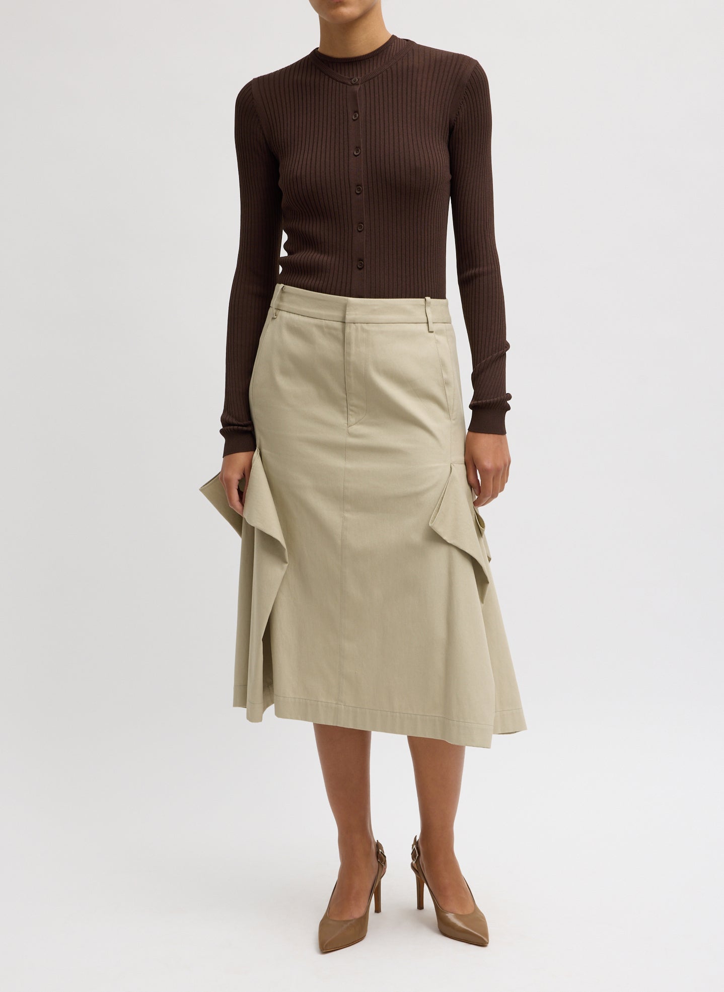 Taupe Luxe Spring Twill Tucked Pleat Skirt - full look, front view on model
