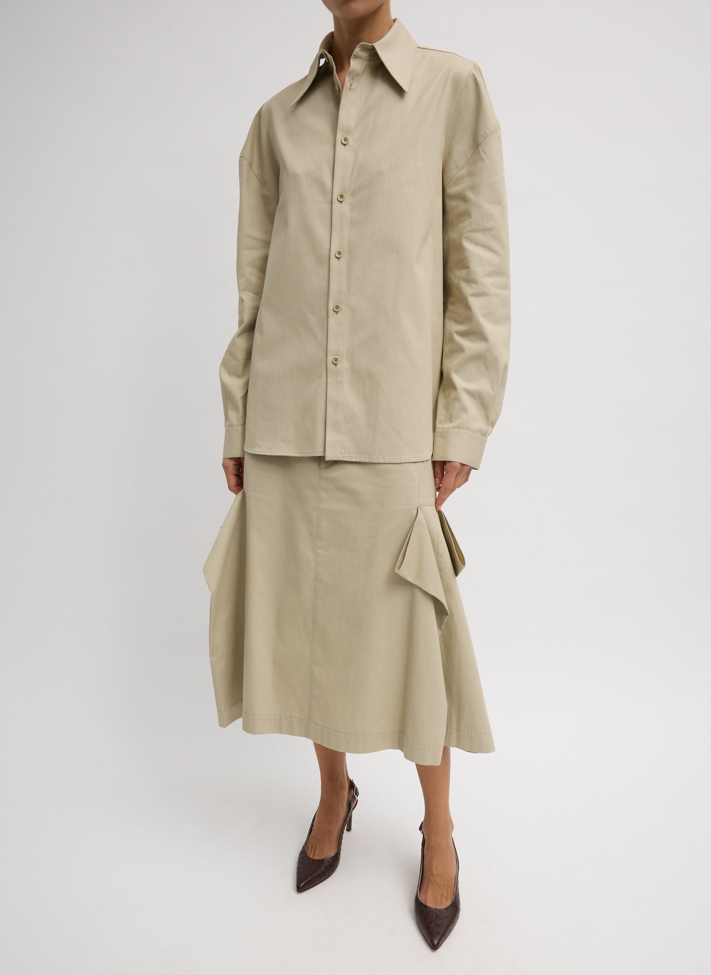 Taupe Luxe Spring Twill Tucked Pleat Skirt - front view on model