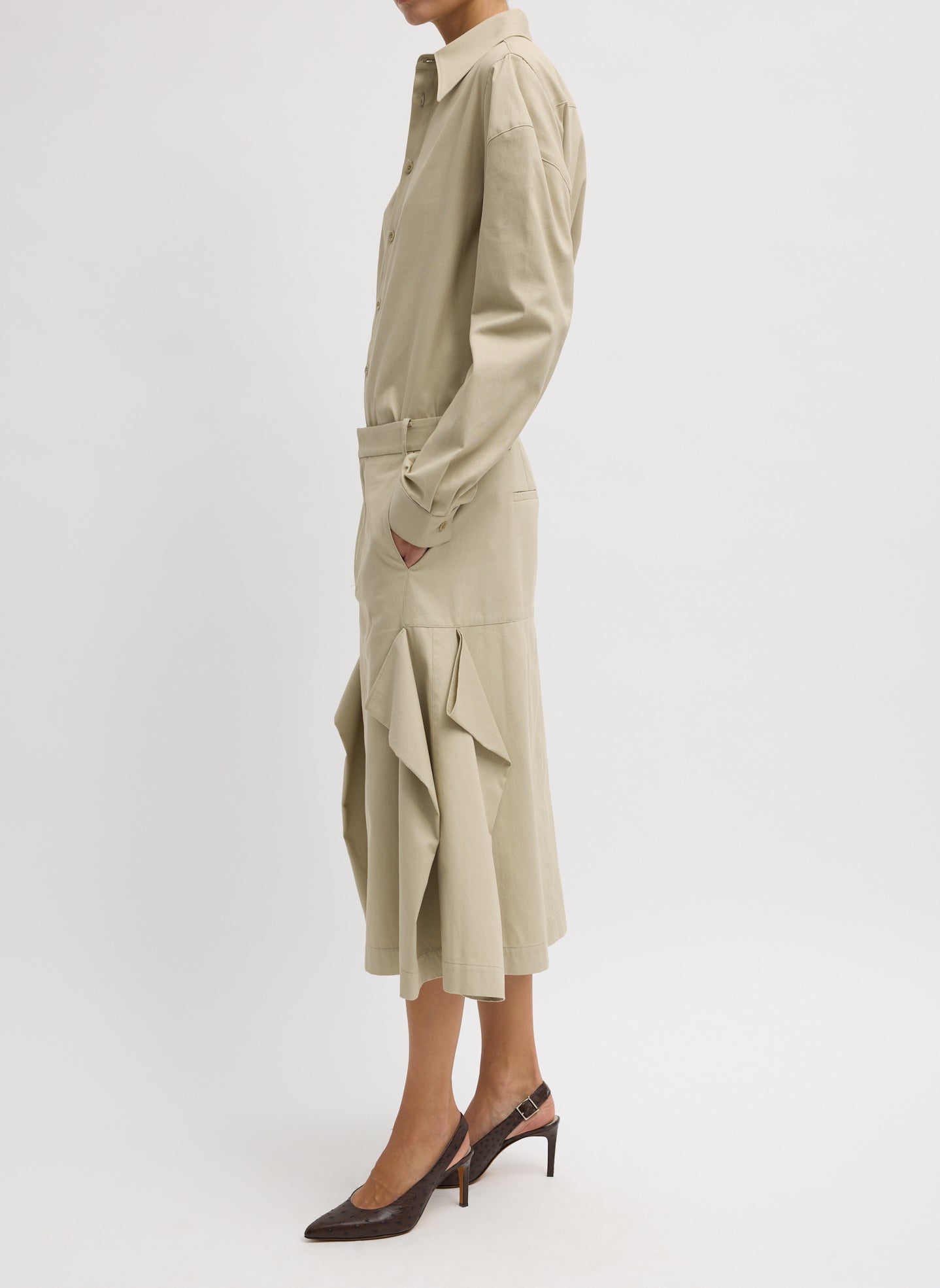 Taupe Luxe Spring Twill Tucked Pleat Skirt - side view on model