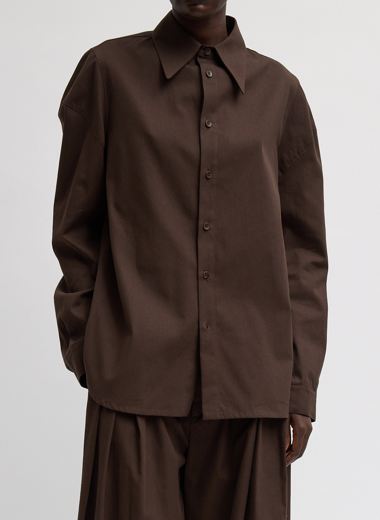 Hickory Brown Luxe Spring Twill Hinged Shirt - long sleeve button down, front view on model