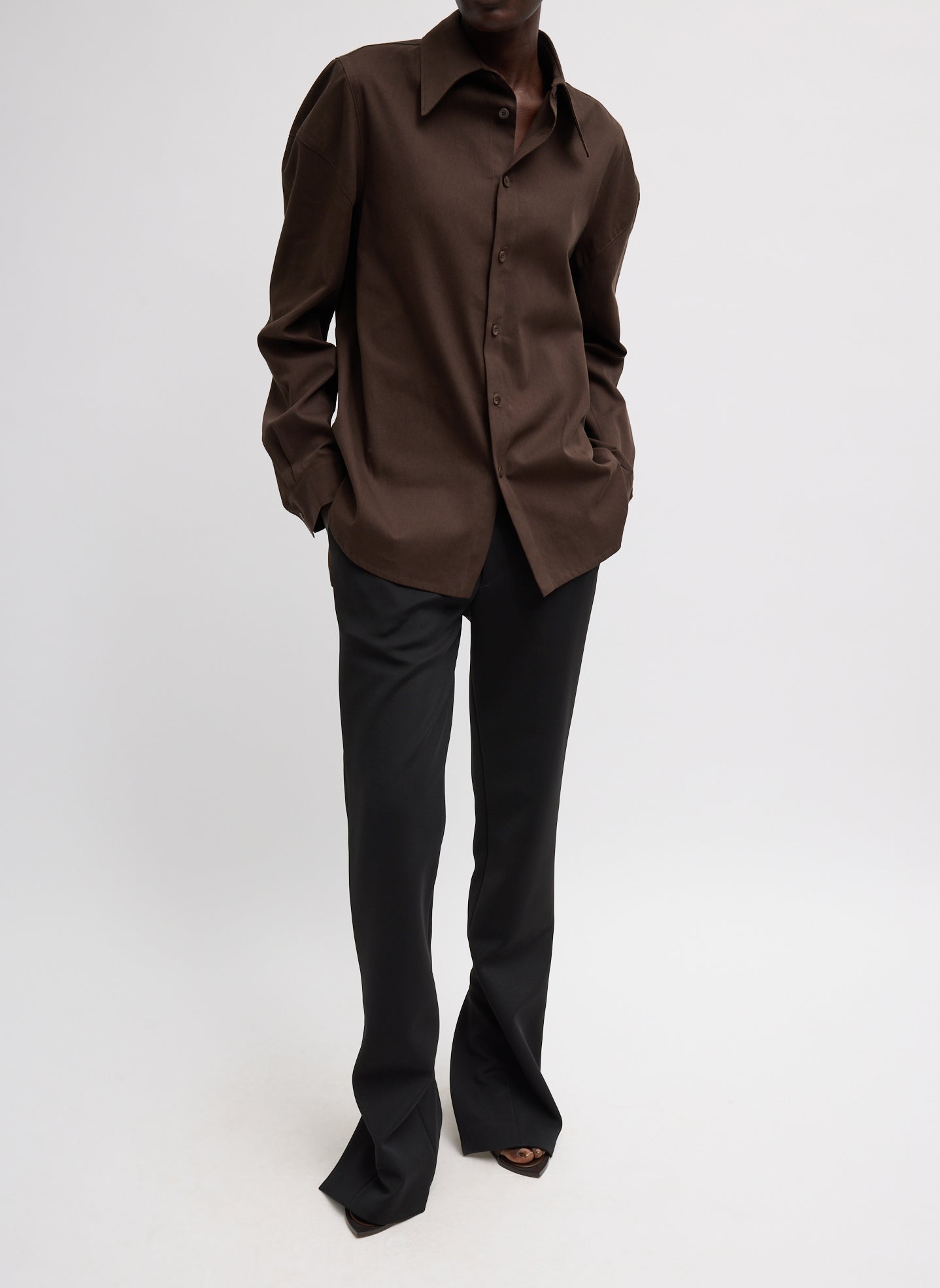 Hickory Brown Luxe Spring Twill Hinged Shirt - full look, front view on model