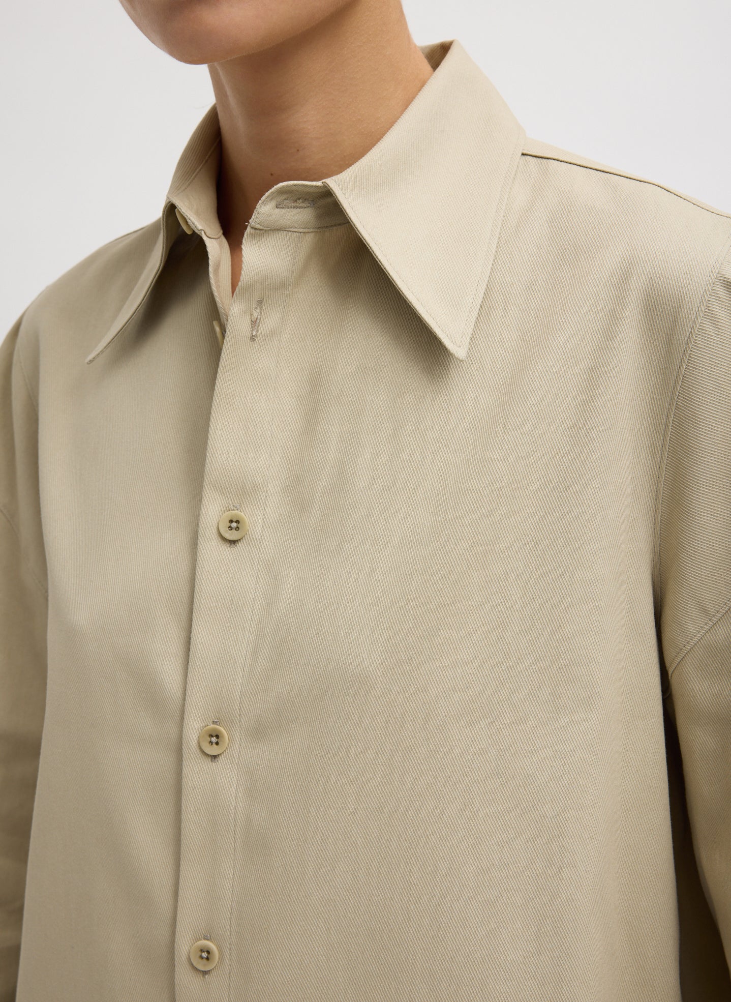 Taupe Luxe Spring Twill Hinged Shirt - closeup of collar detail