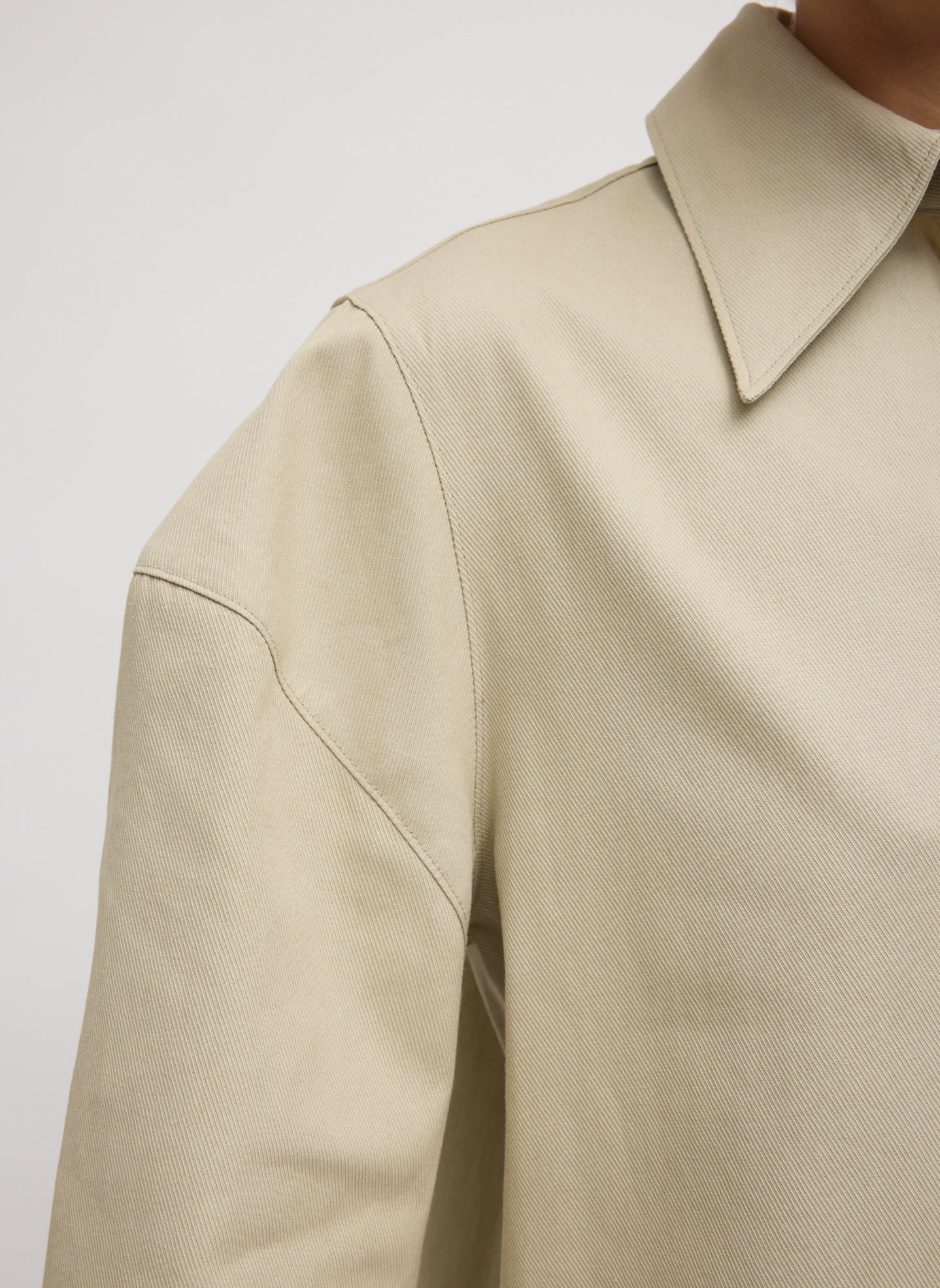 Taupe Luxe Spring Twill Hinged Shirt - closeup of hinged sleeve