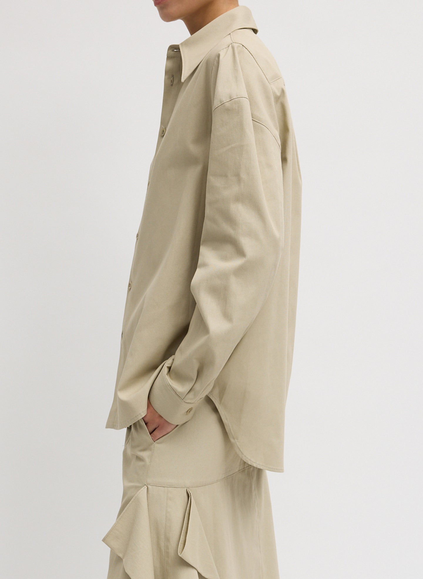 Taupe Luxe Spring Twill Hinged Shirt - long sleeve button down, side view on model