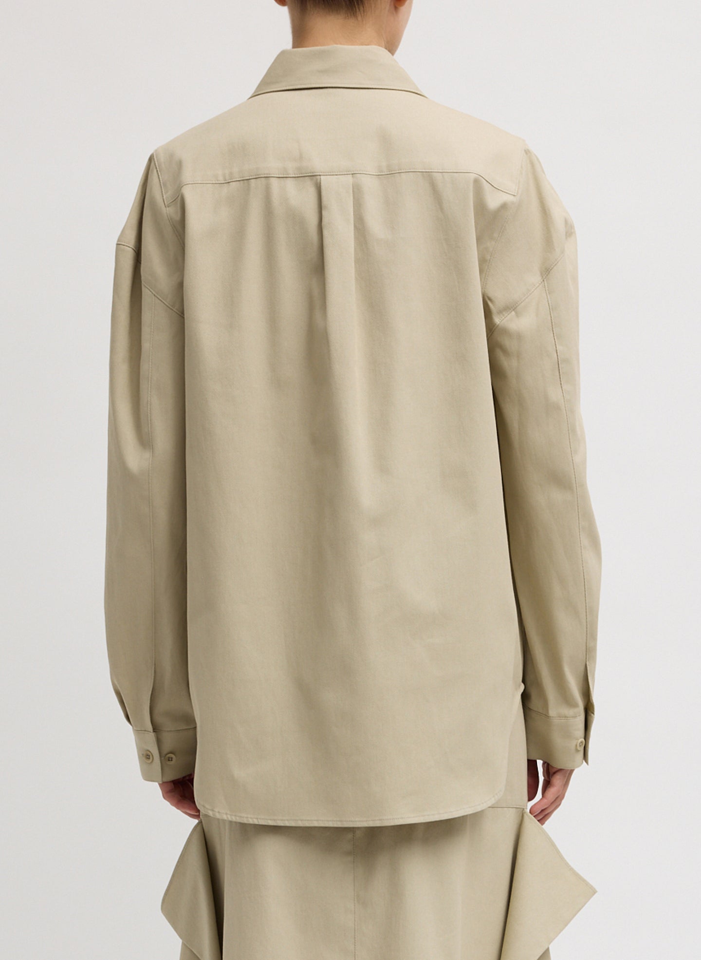 Taupe Luxe Spring Twill Hinged Shirt - long sleeve button down, back view on model
