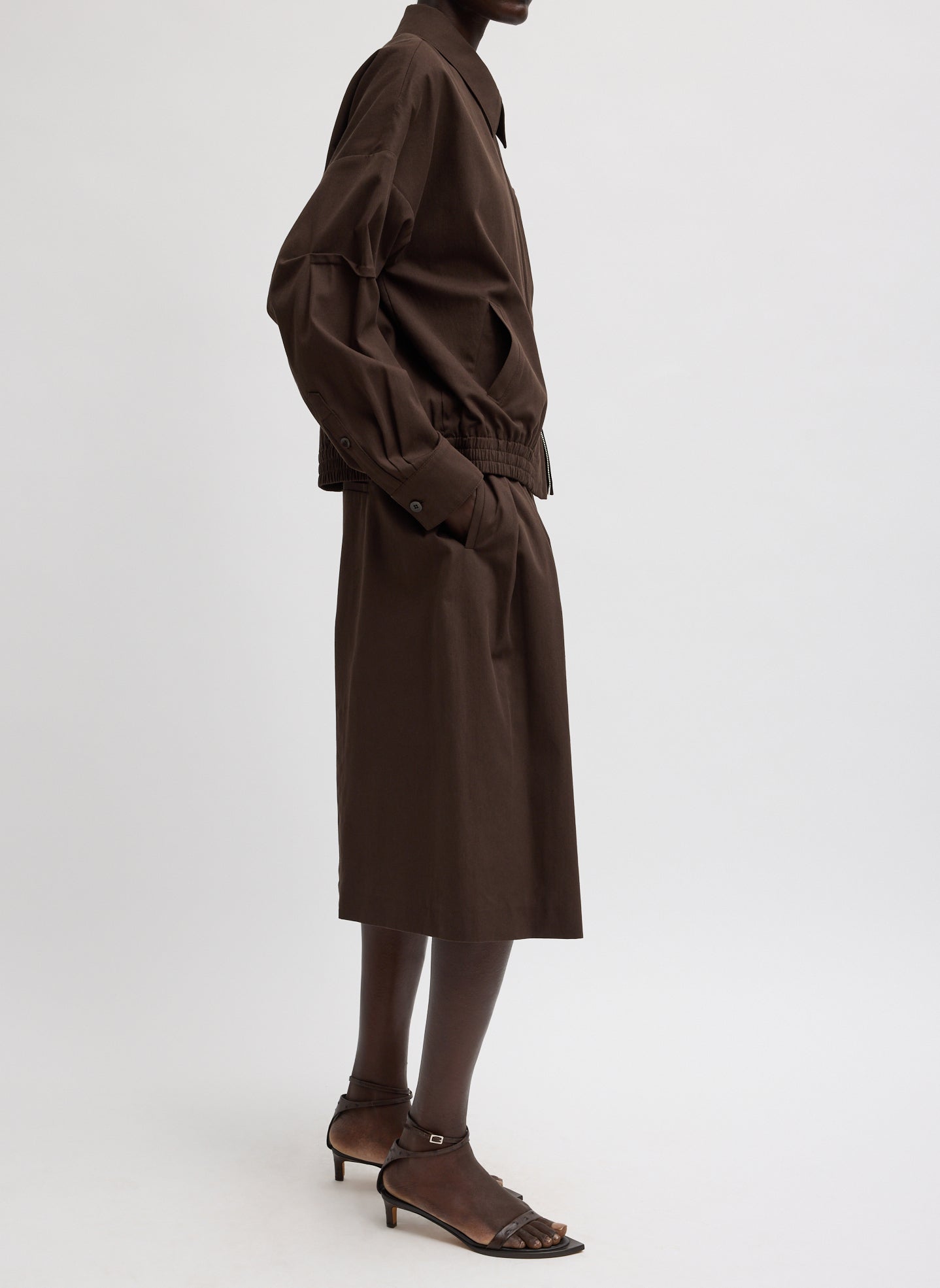 Hickory Brown Luxe Spring Twill Bomber Jacket - side view on model