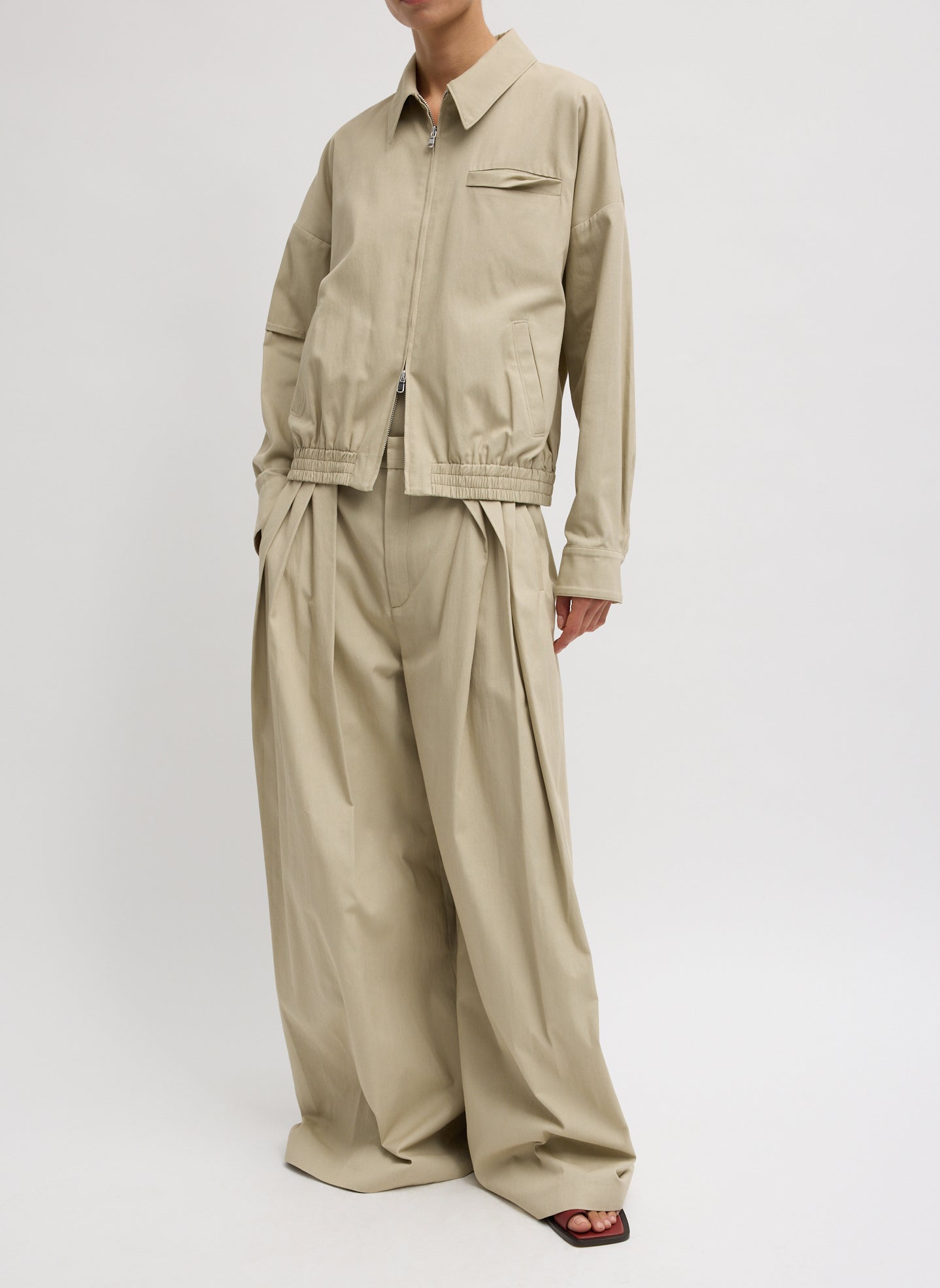 Taupe Luxe Spring Twill Bomber Jacket - full look, front view on model