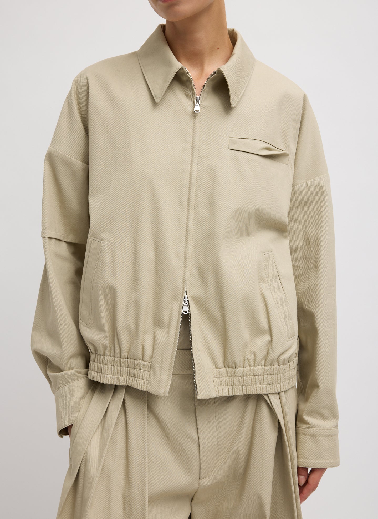 Taupe Luxe Spring Twill Bomber Jacket - front view on model