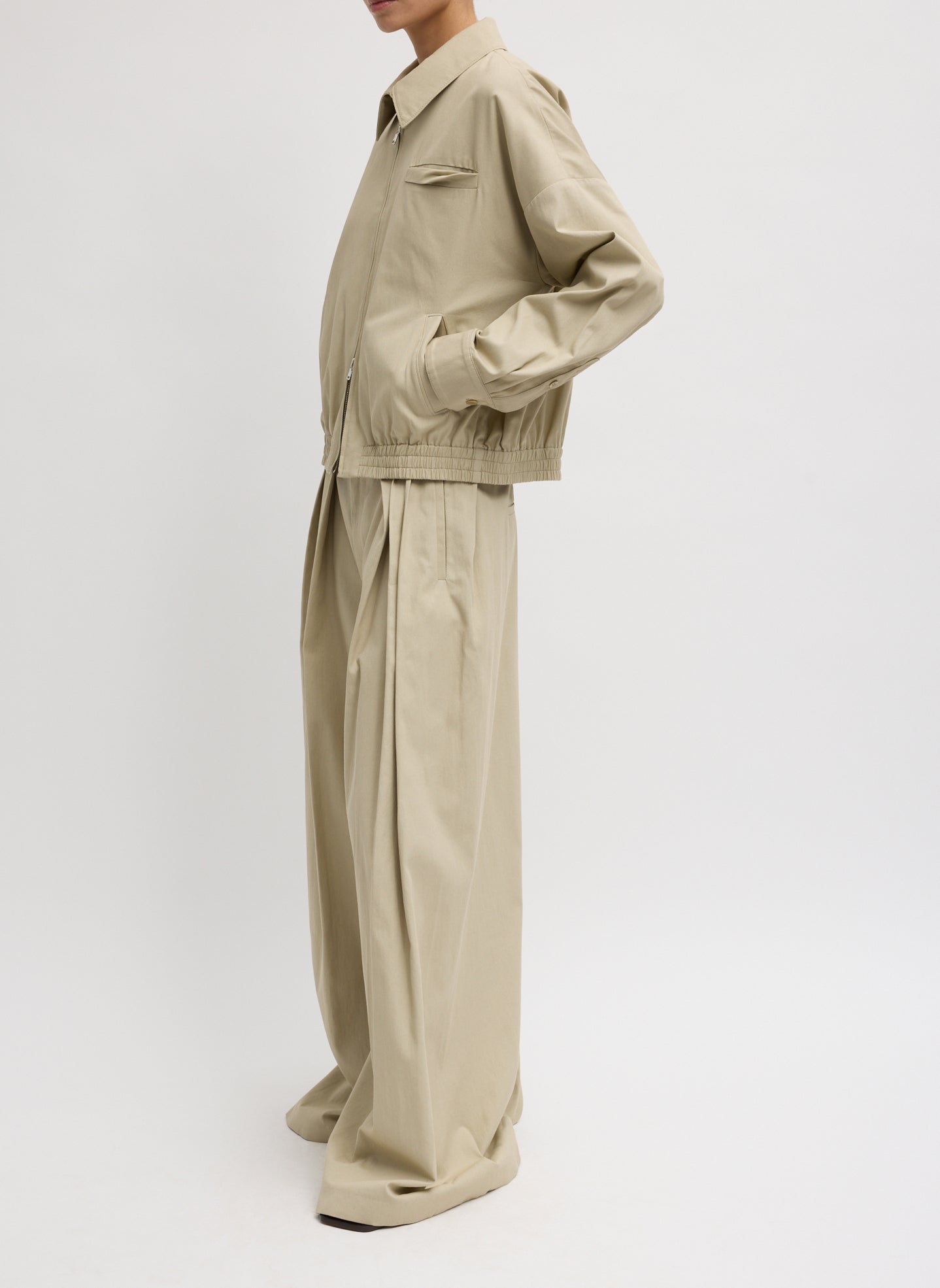 Taupe Luxe Spring Twill Bomber Jacket - side view on model