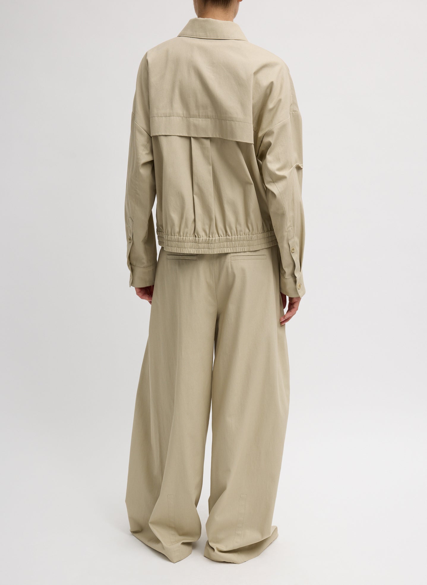 Taupe Luxe Spring Twill Bomber Jacket - back view on model