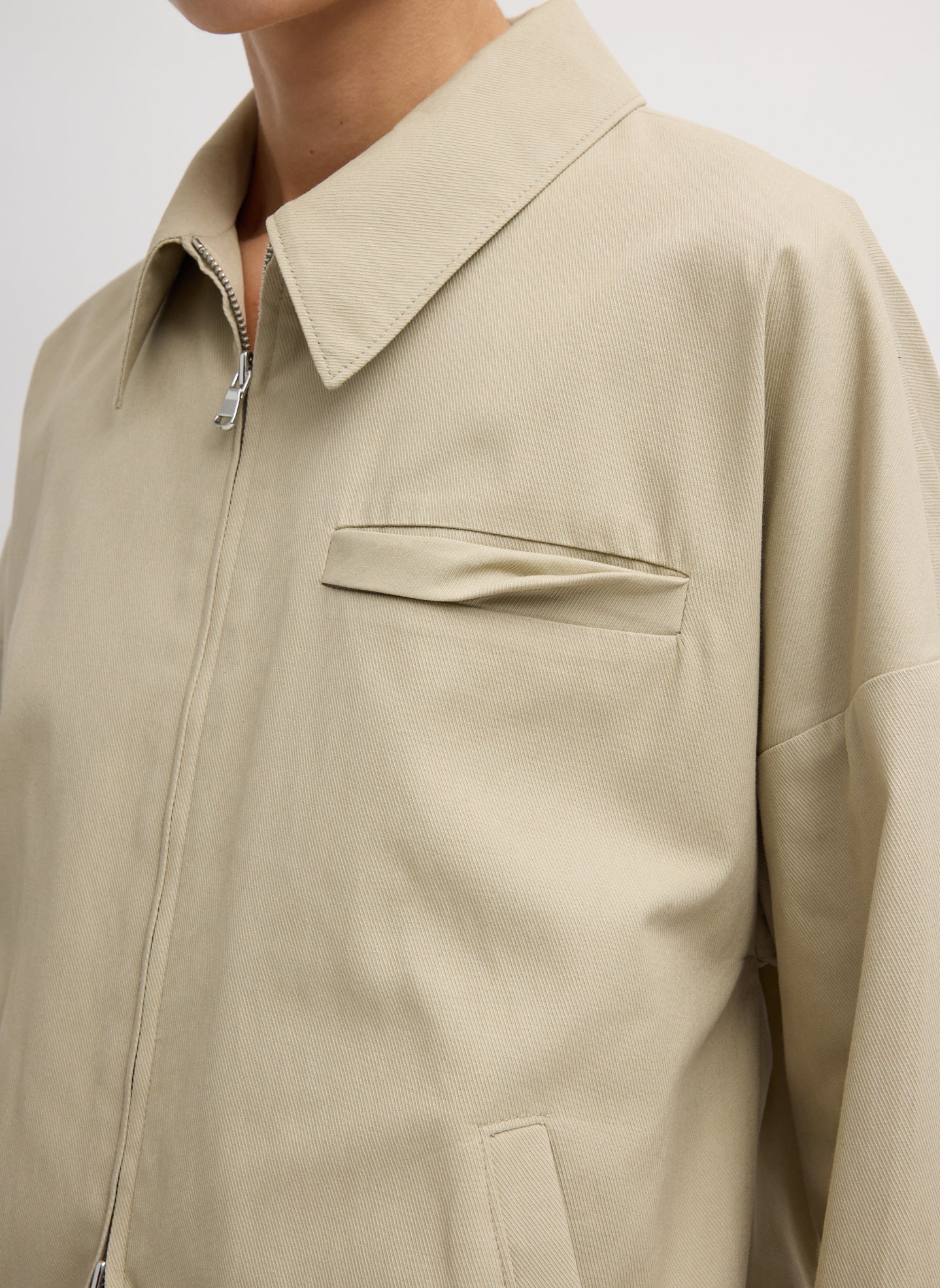 Taupe Luxe Spring Twill Bomber Jacket - closeup of front collar detail