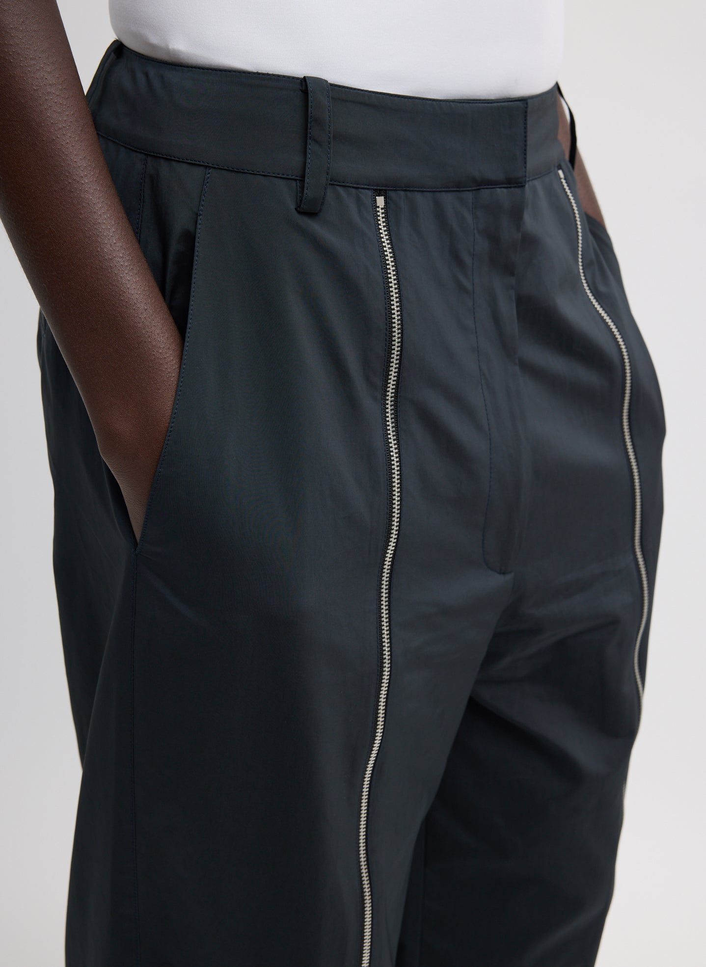 Black Nylon Zipper Trouser - closeup of zip front detail