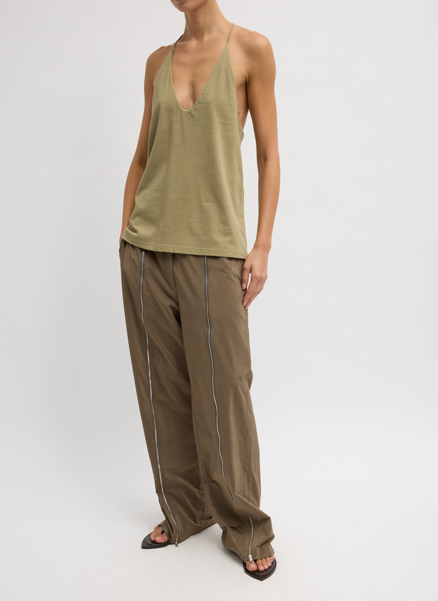 Dark Taupe Nylon Zipper Trouser - front view on model
