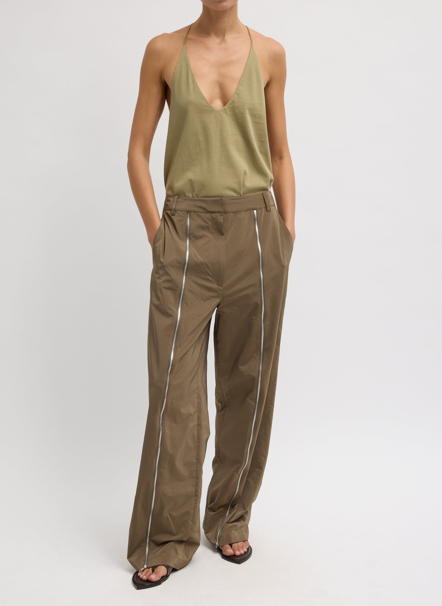 Dark Taupe Nylon Zipper Trouser - front view on model