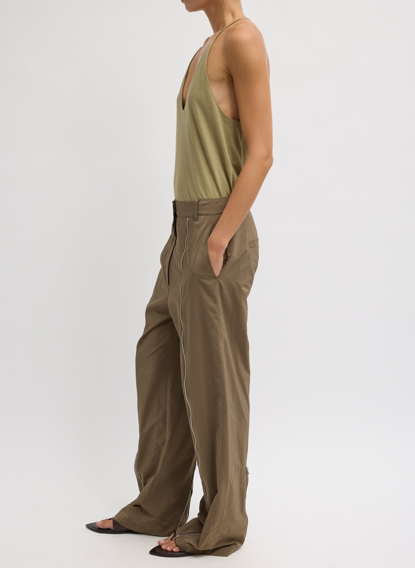 Dark Taupe Nylon Zipper Trouser - side view on model