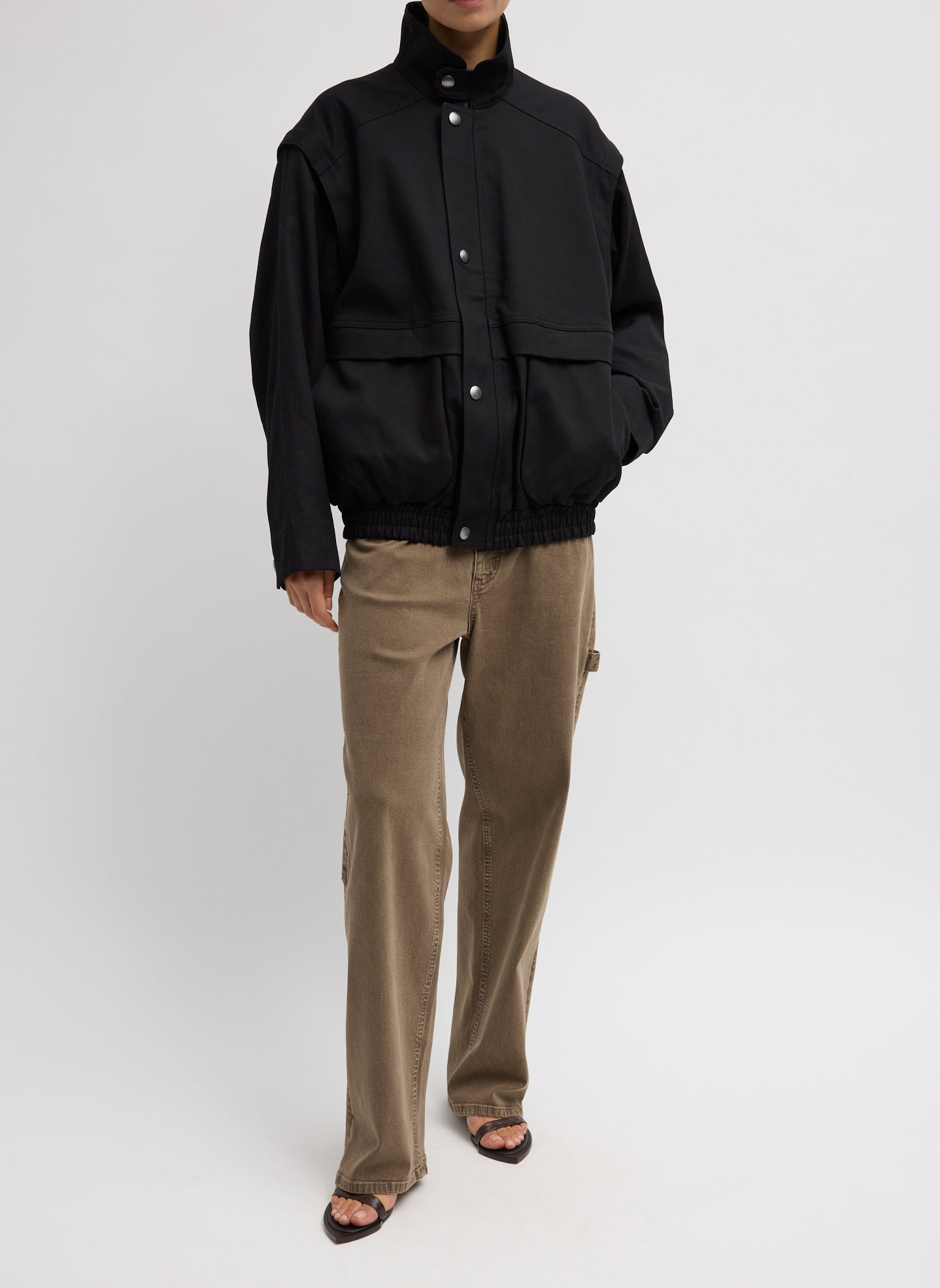 Black Patchwork Twill Bomber Jacket - front view on model