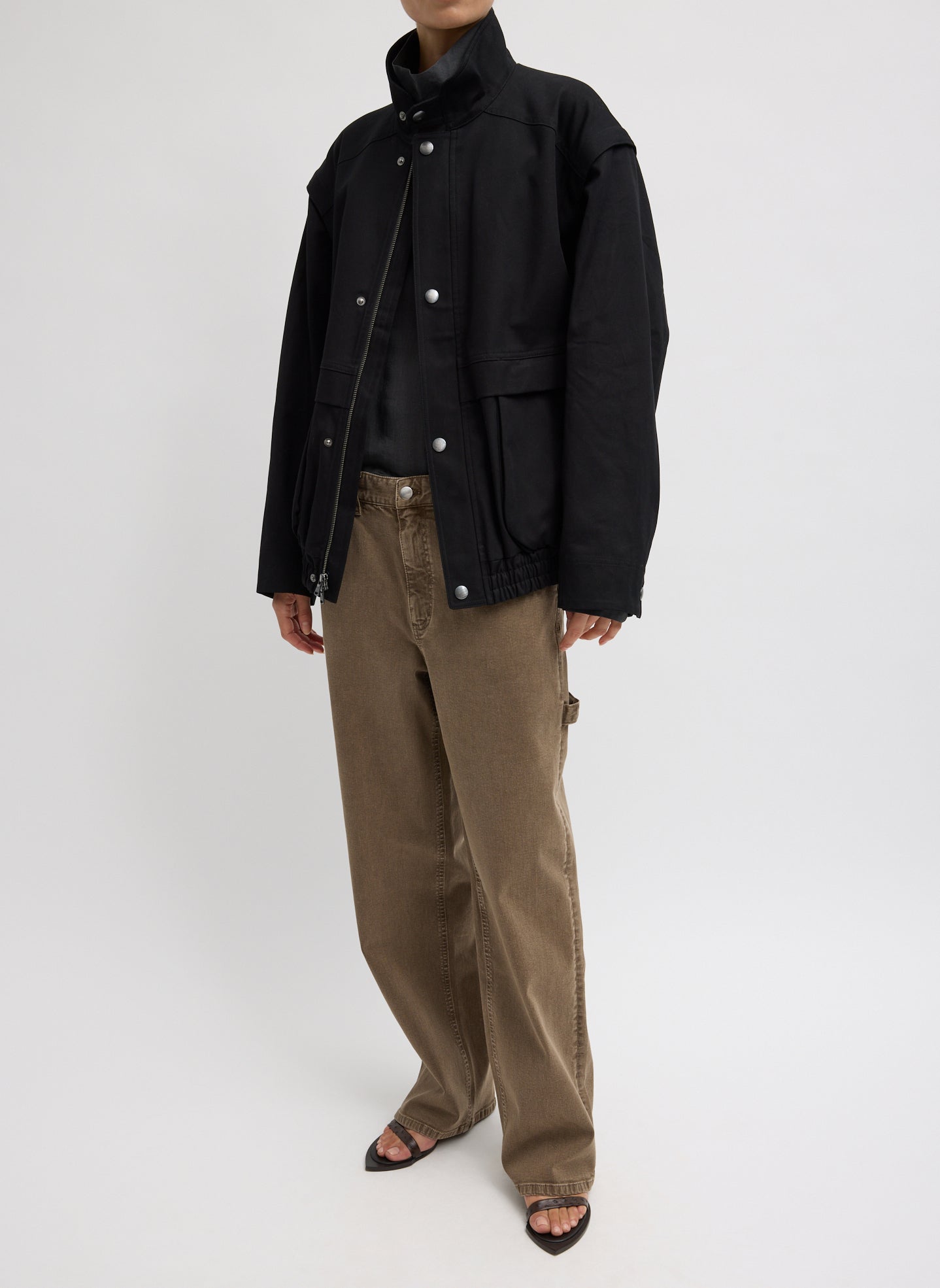 Black Patchwork Twill Bomber Jacket - front view on model