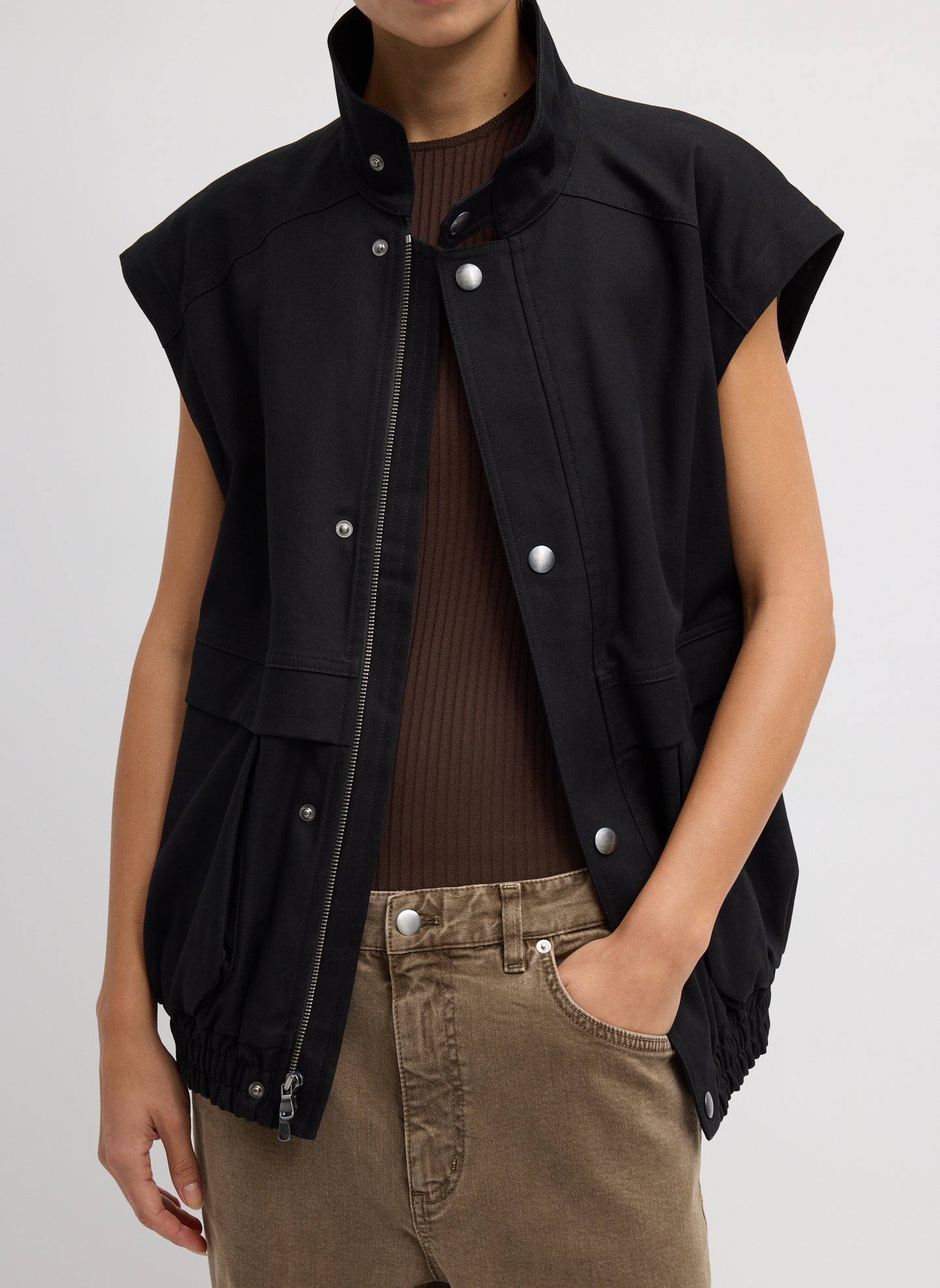 Black Patchwork Twill Bomber Jacket - front view on model