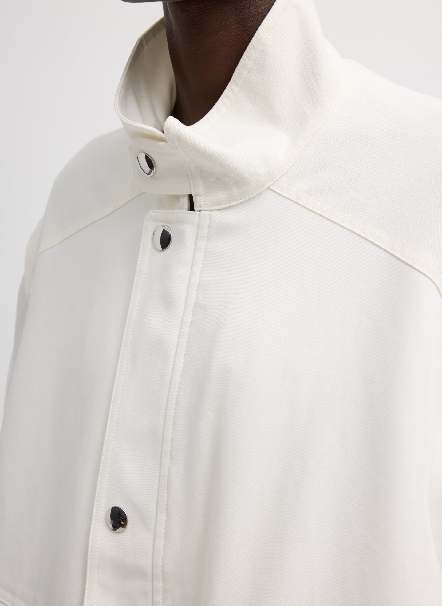 White Patchwork Twill Bomber Jacket - closeup of neck