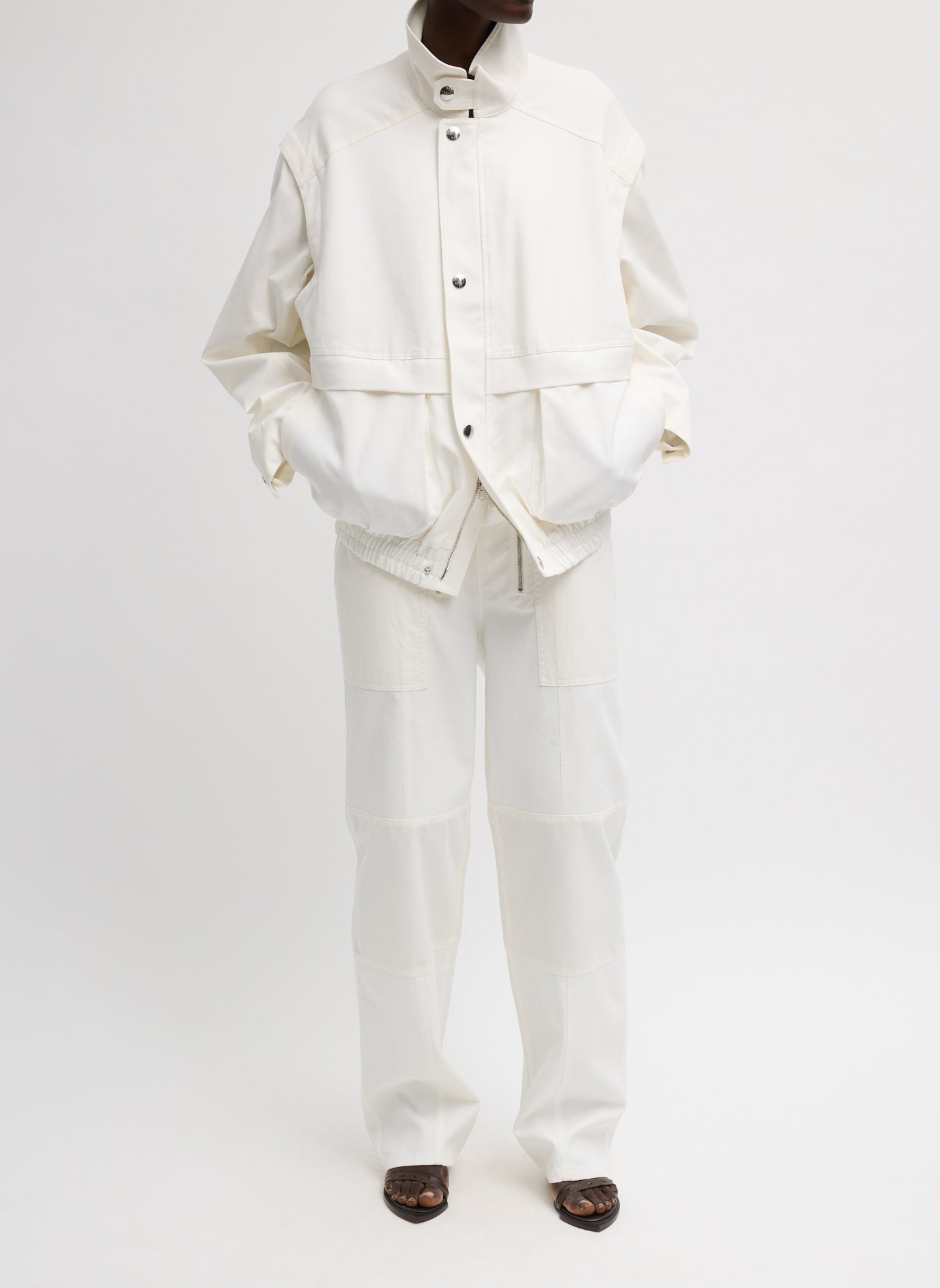 White Patchwork Twill Bomber Jacket - front view on model