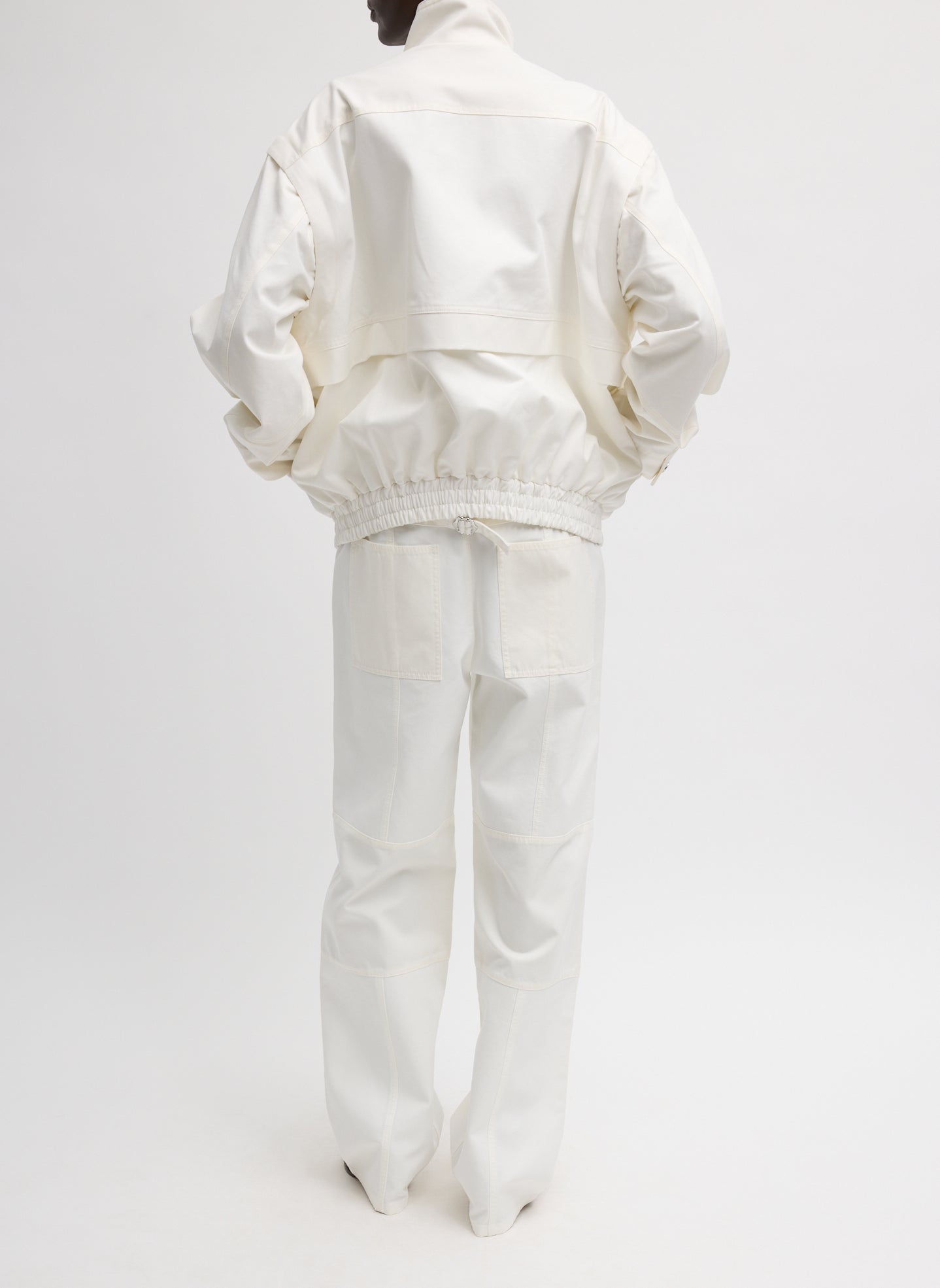 White Patchwork Twill Bomber Jacket - back view on model