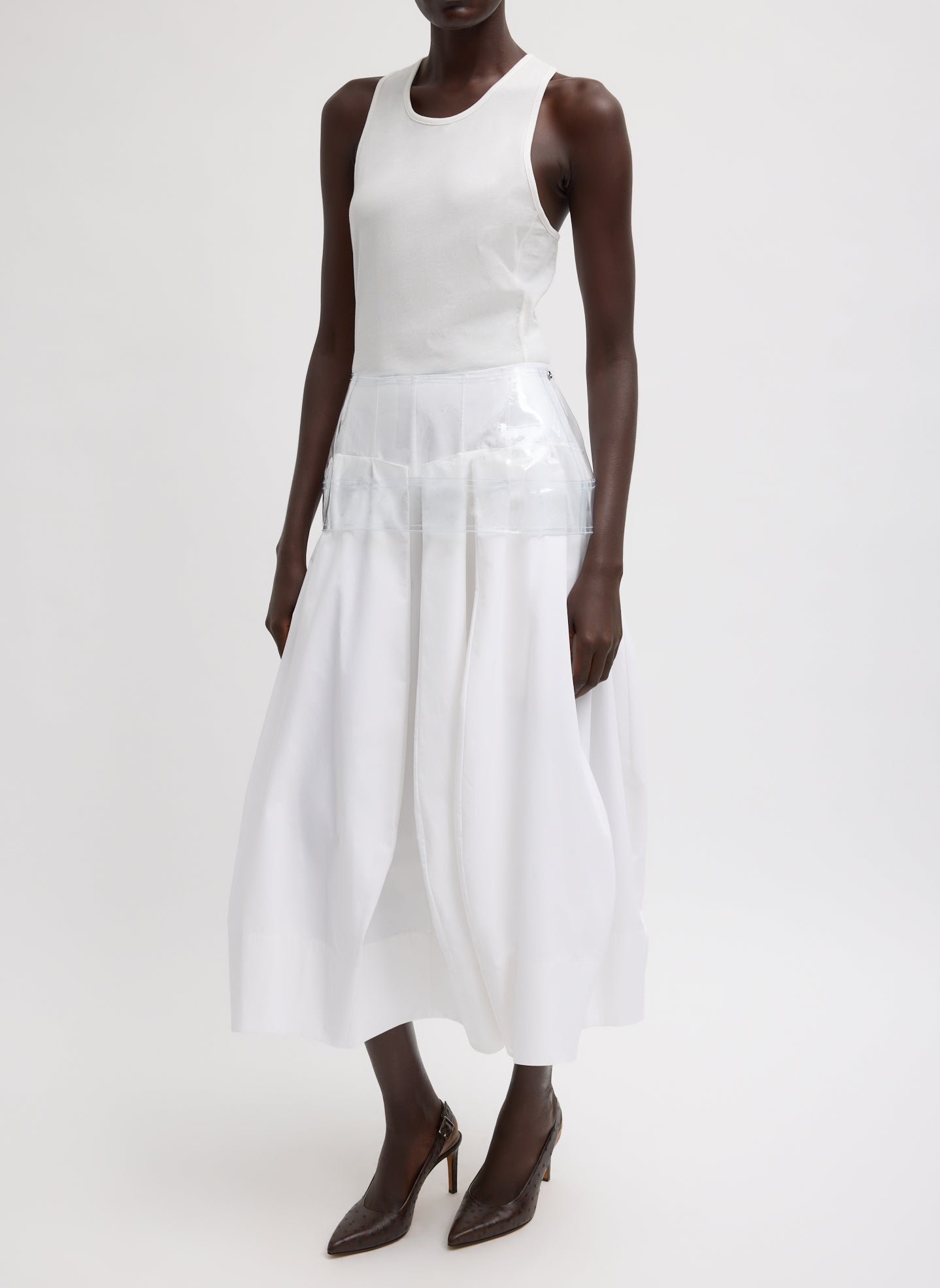 Clear Peplum Belt - full look, front view on model