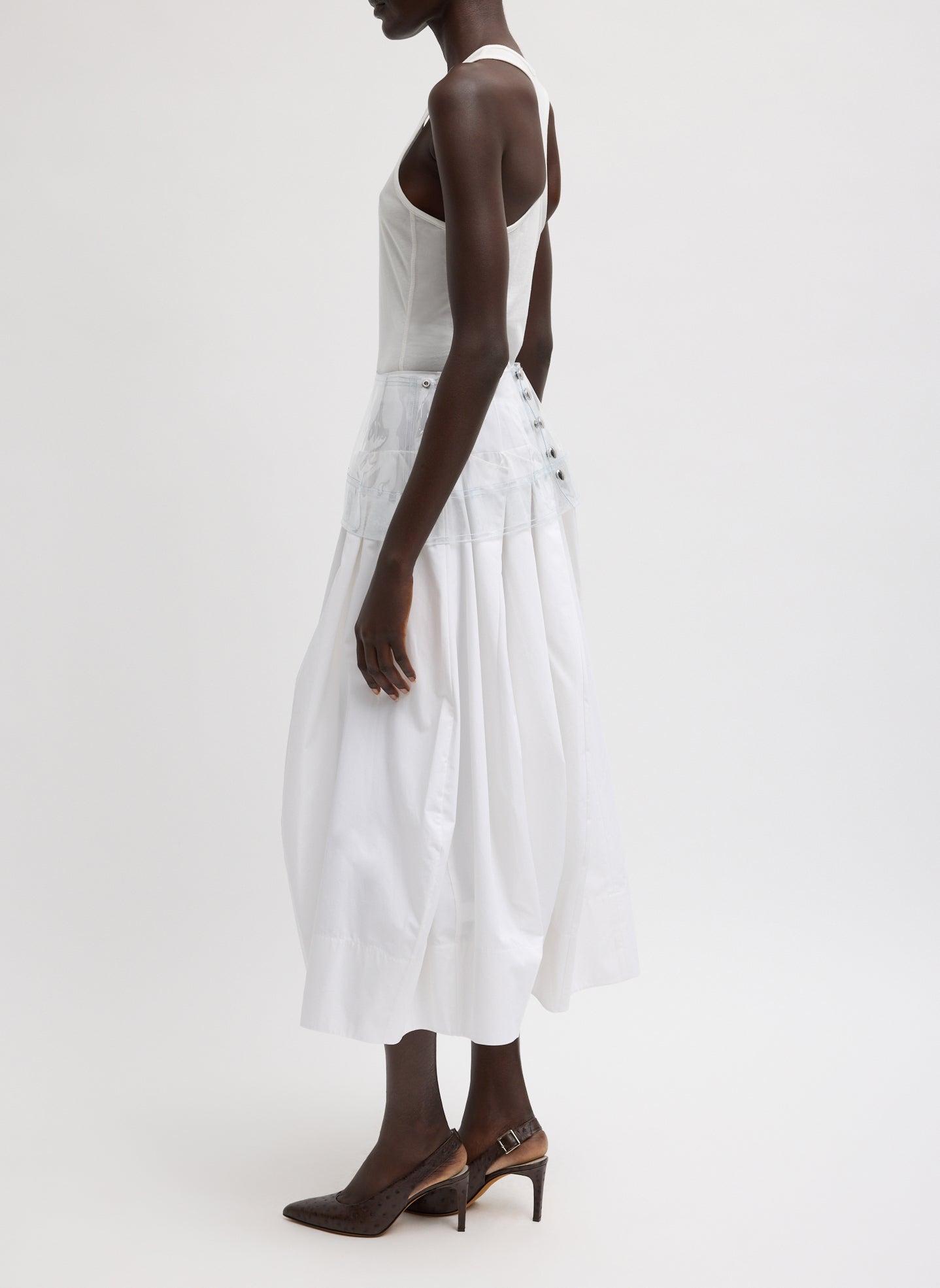 Clear Peplum Belt - full look, side view on model