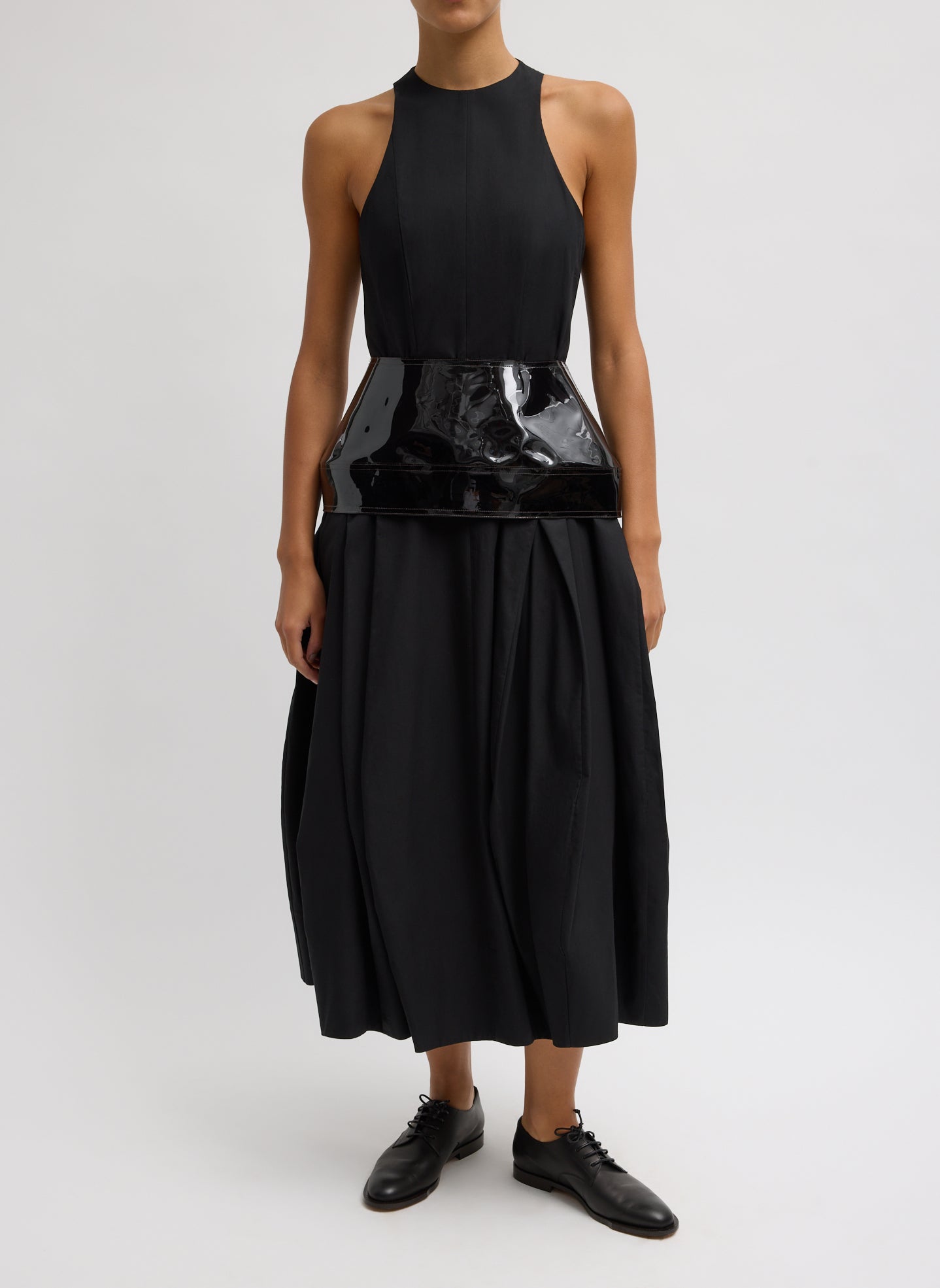 Sheer Black Peplum Belt - full look, front view on model